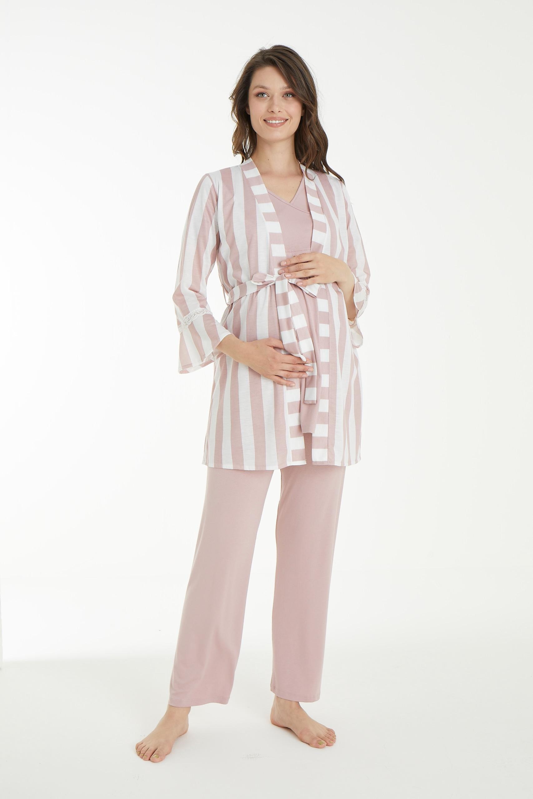 4106 Desenli Lohusa ve Hamile Pijama Takımı - Pudra Beyaz Çizgili