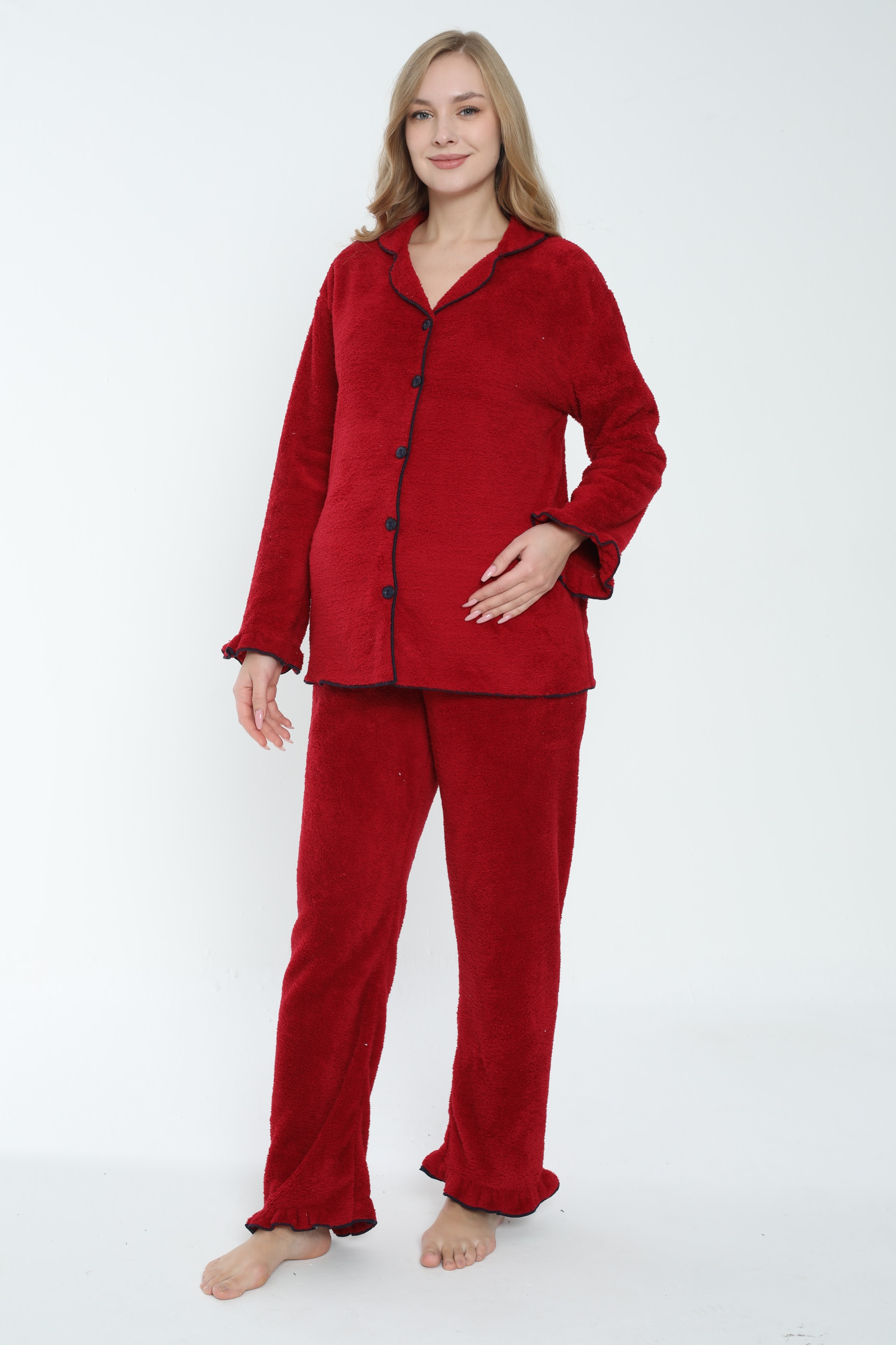 Önden Düğmeli Hamile ve Lohusa Peluş Pijama Takımı 4338 - Bordo