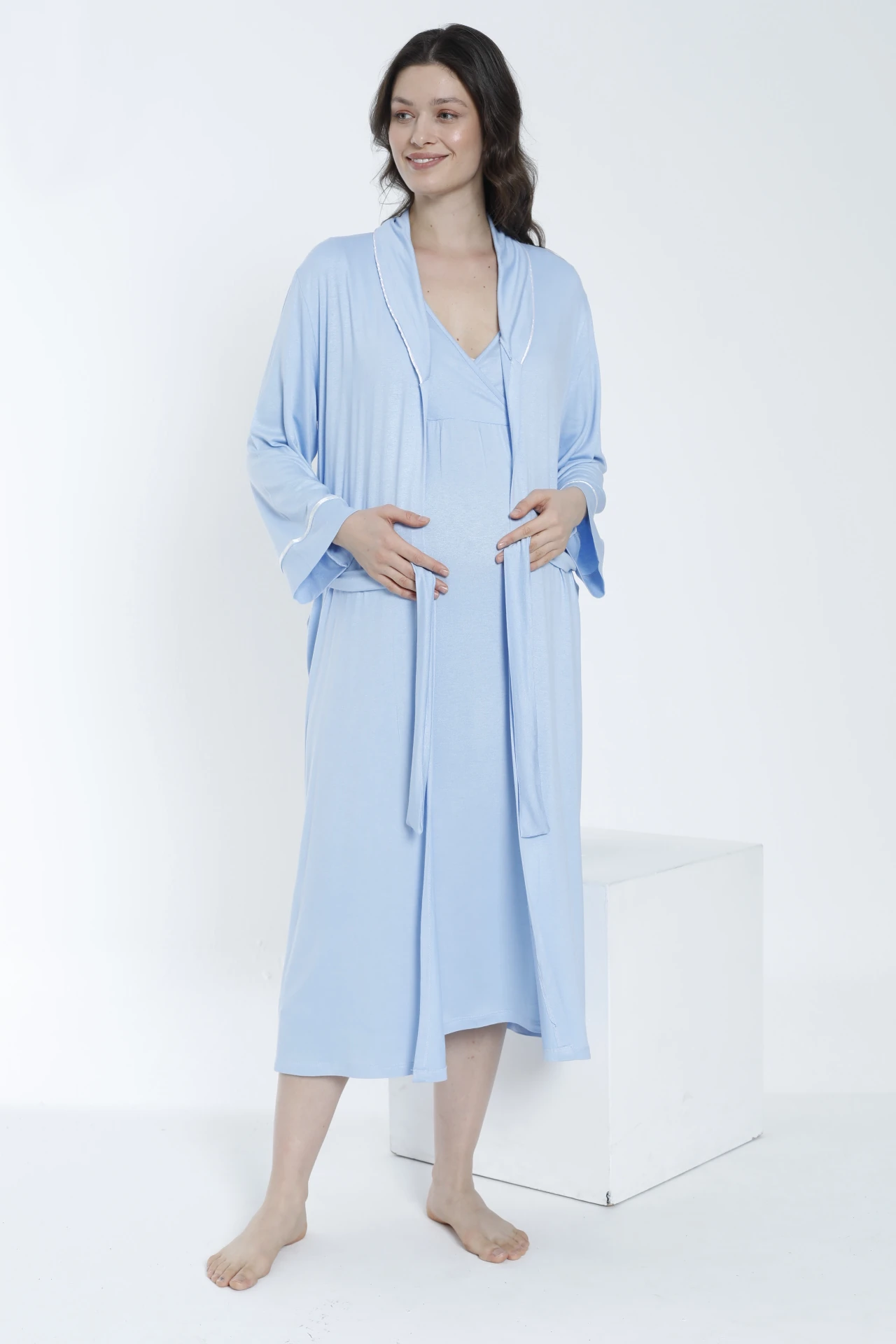 4363 Sabahlıklı Şerit Detaylı Hamile Ve Lohusa Gecelik Takımı - Bebe Mavisi