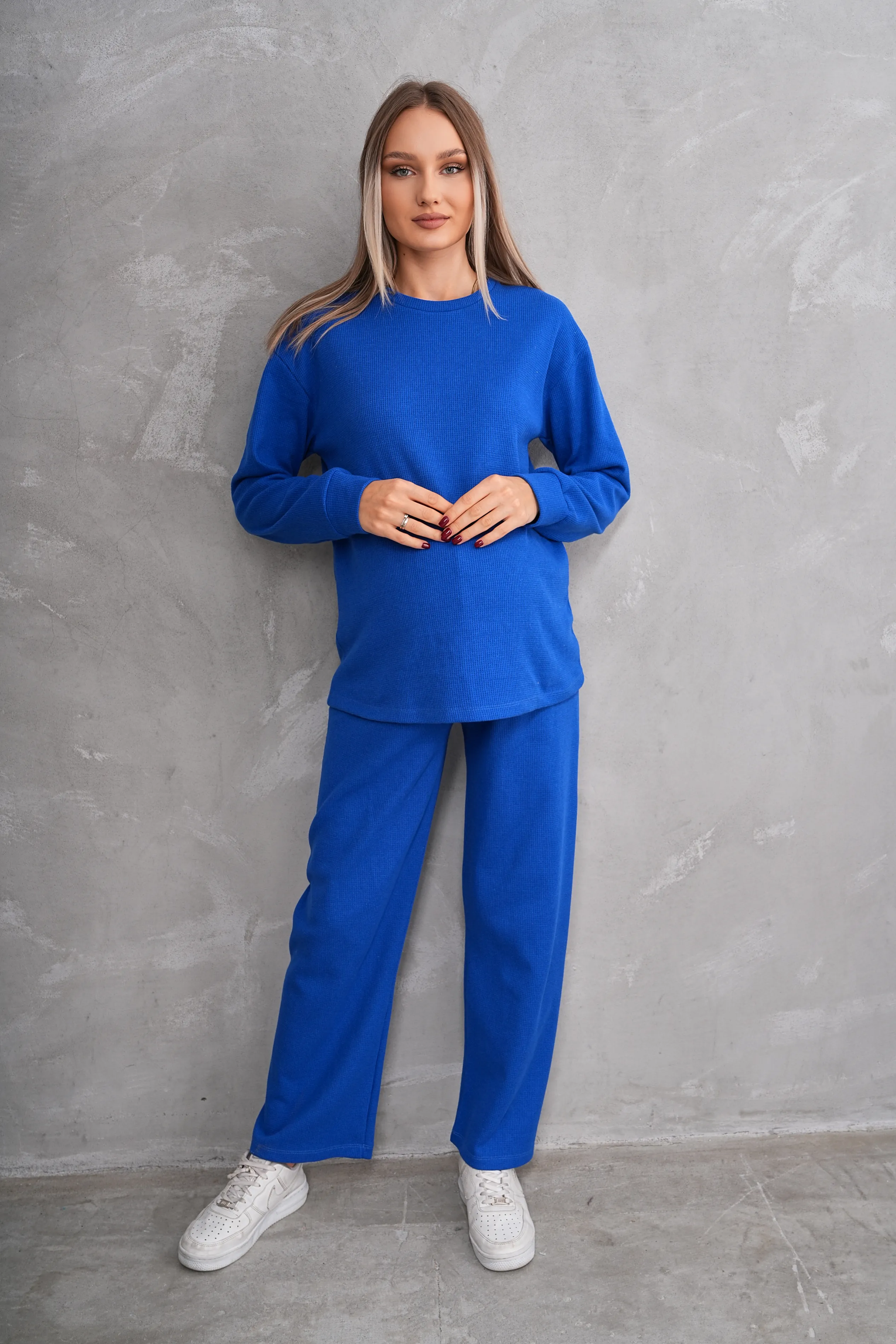 4434 Hamile ve Lohusa Bisiklet Yaka Waffle Kumaş Alt Üst Eşofman Takımı - Saks Mavisi