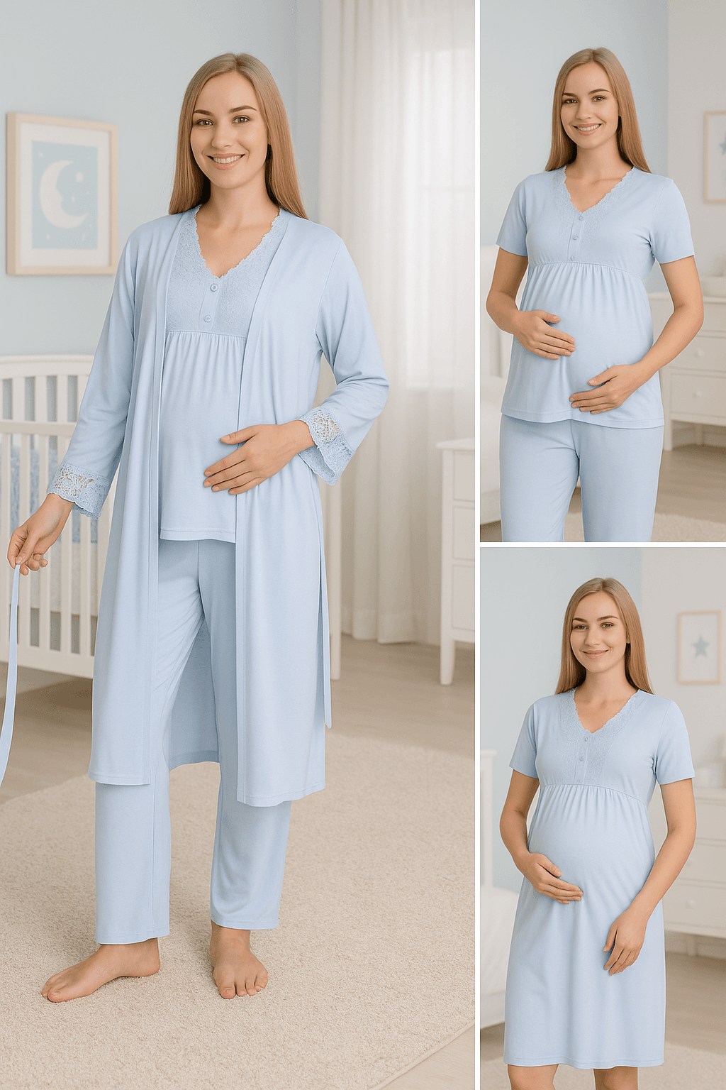 4517 Dantel Detaylı Sabahlıklı Emzirmeye Uygun Hamile ve Lohusa Pijama Takımı - Mavi