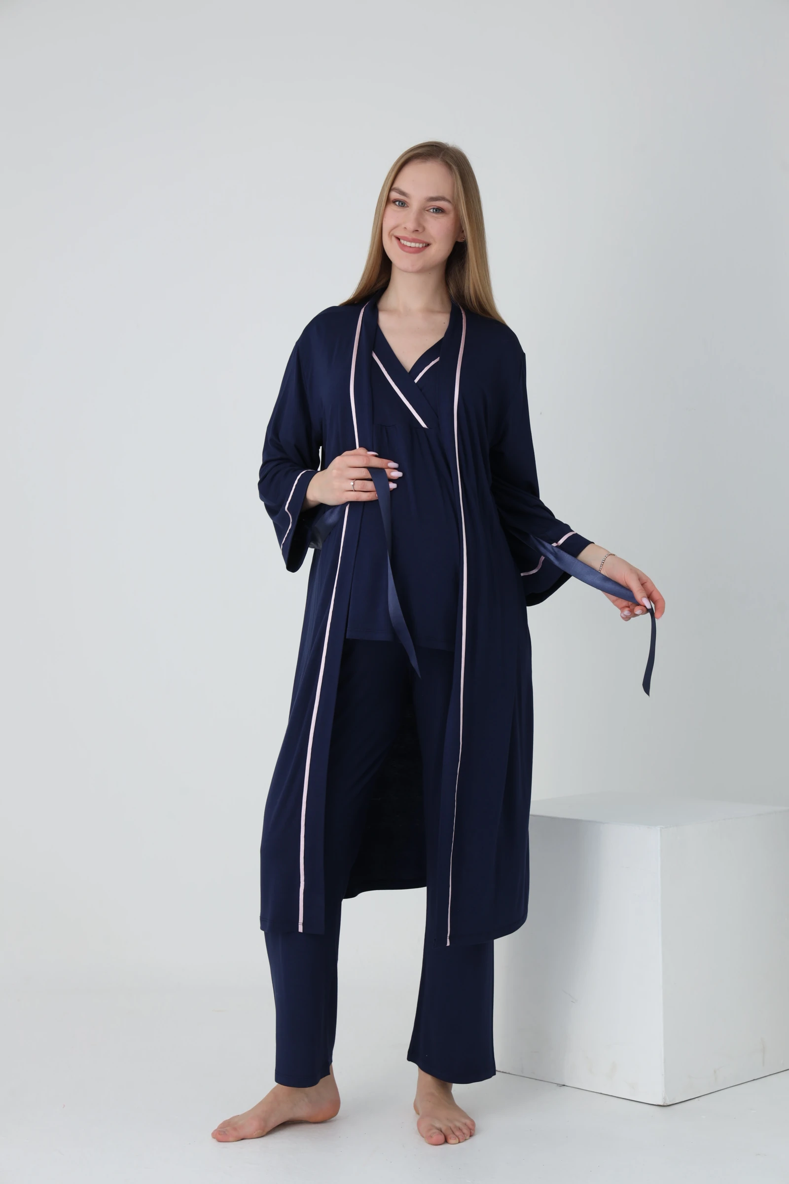 4375 Sabahlıklı Şerit Detaylı Hamile ve Lohusa Pijama Takımı - Lacivert - Pembe Biyeli