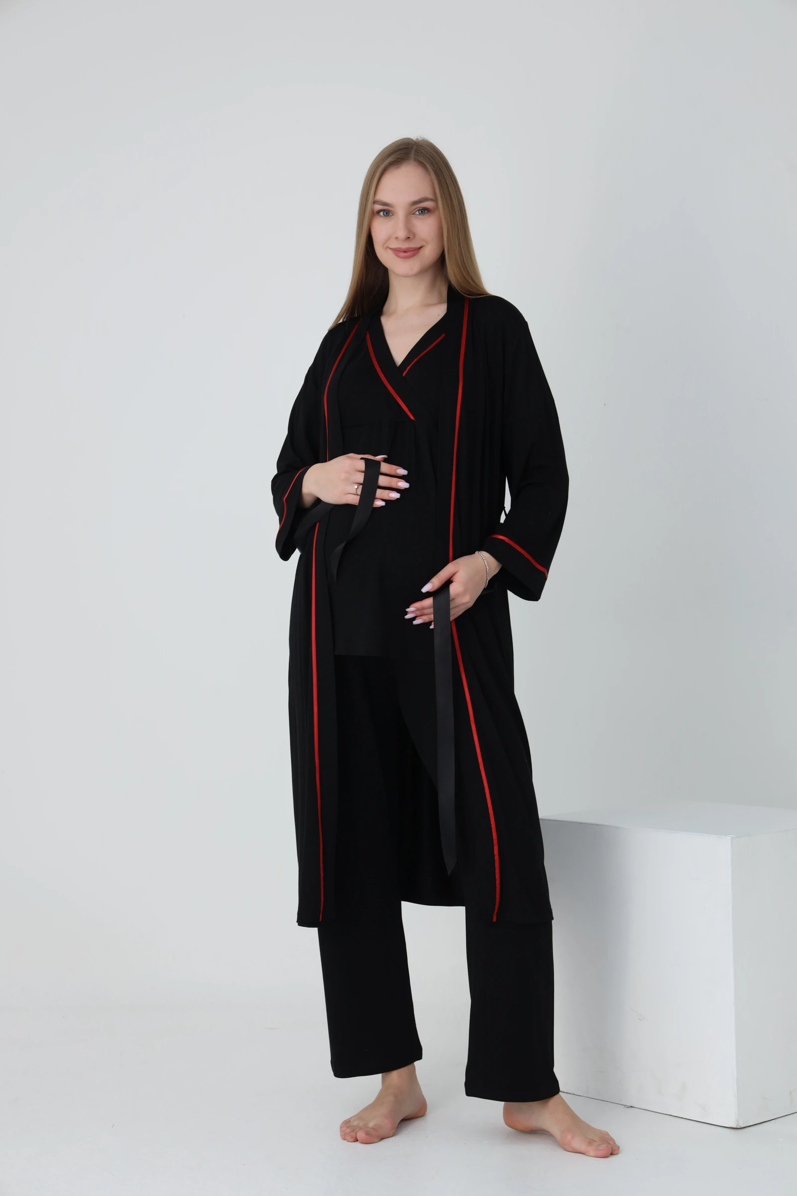 4375 Sabahlıklı Şerit Detaylı Hamile ve Lohusa Pijama Takımı - Siyah - Kırmızı Biyeli