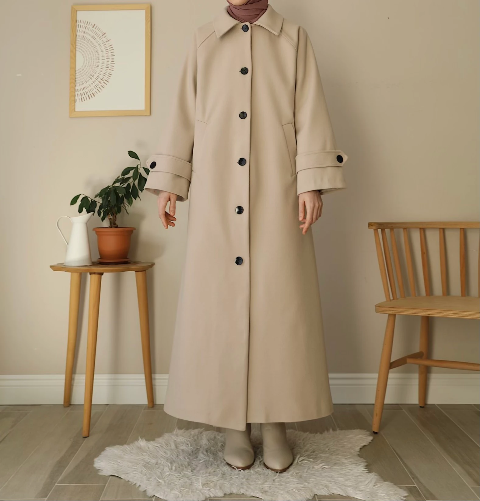 Düğmeli Kaban - Bej 