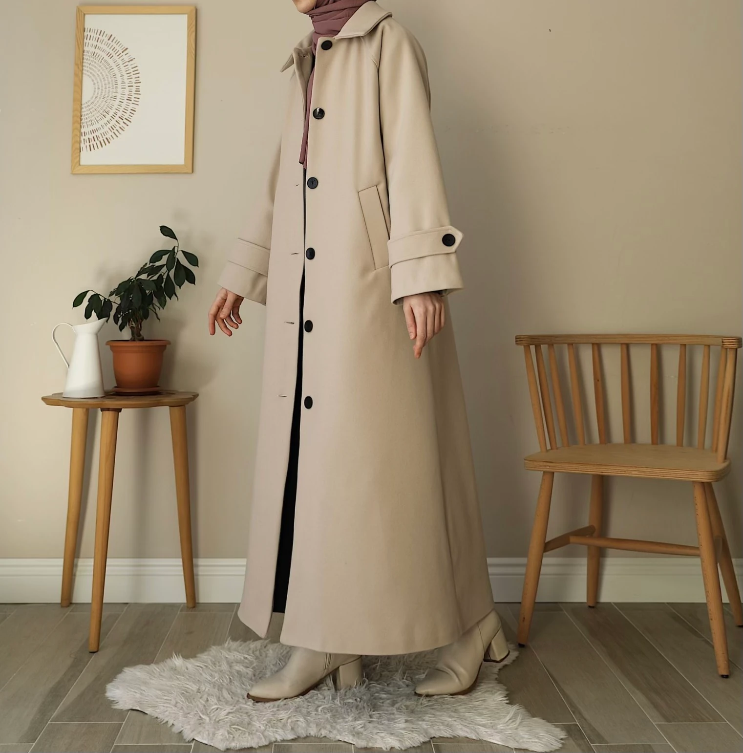 Düğmeli Kaban - Bej 