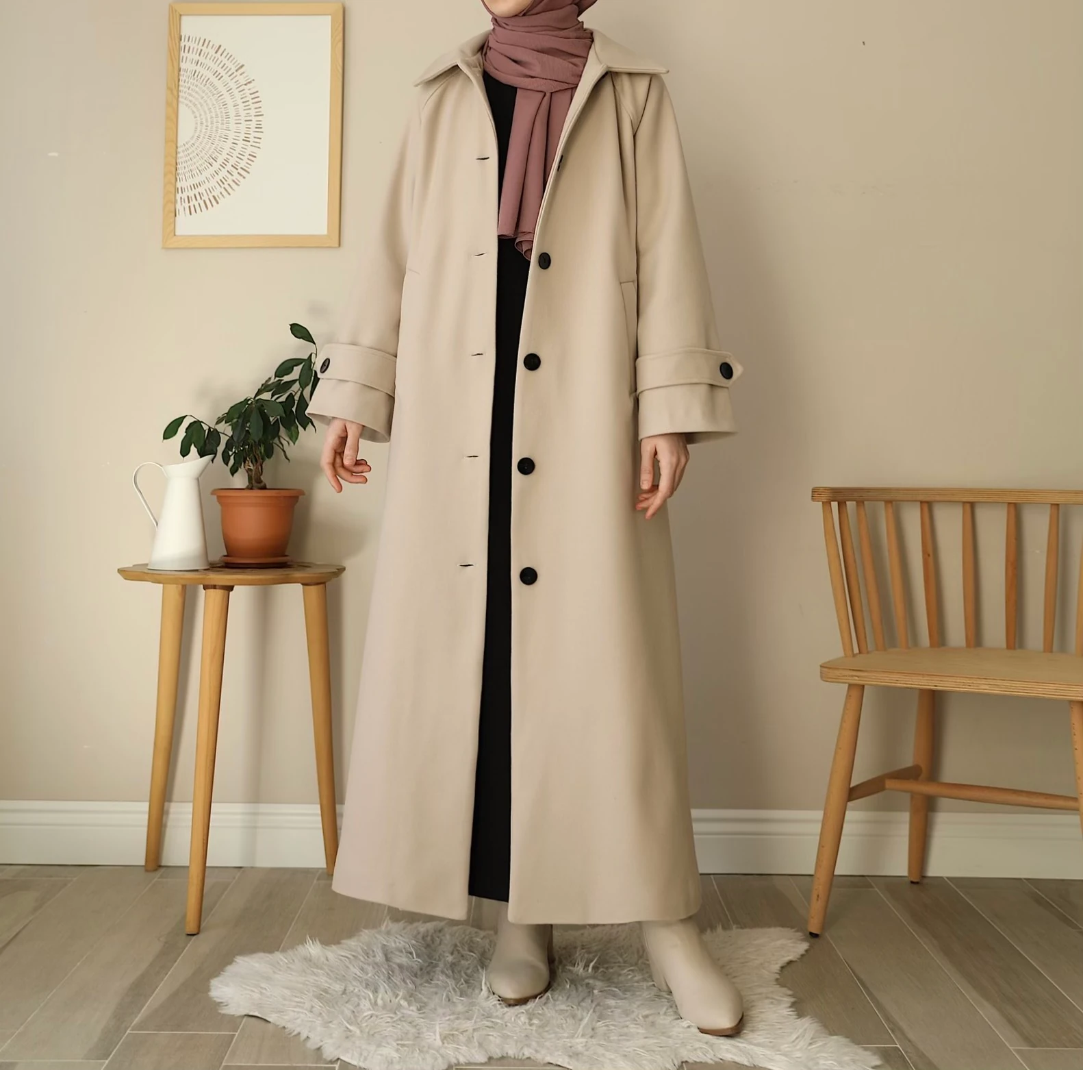 Düğmeli Kaban - Bej 