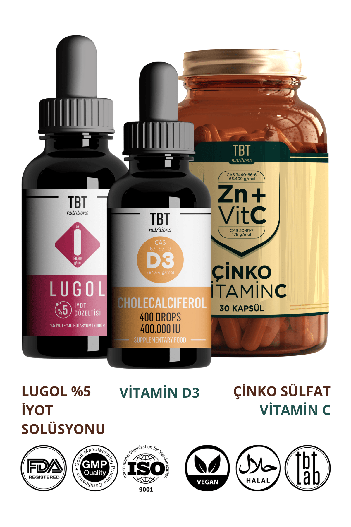 Lugol %5 Iyot Solüsyonu - Çinko + Vitamin C Kapsül - Vitamin D3 Kolekalsiferol Damla