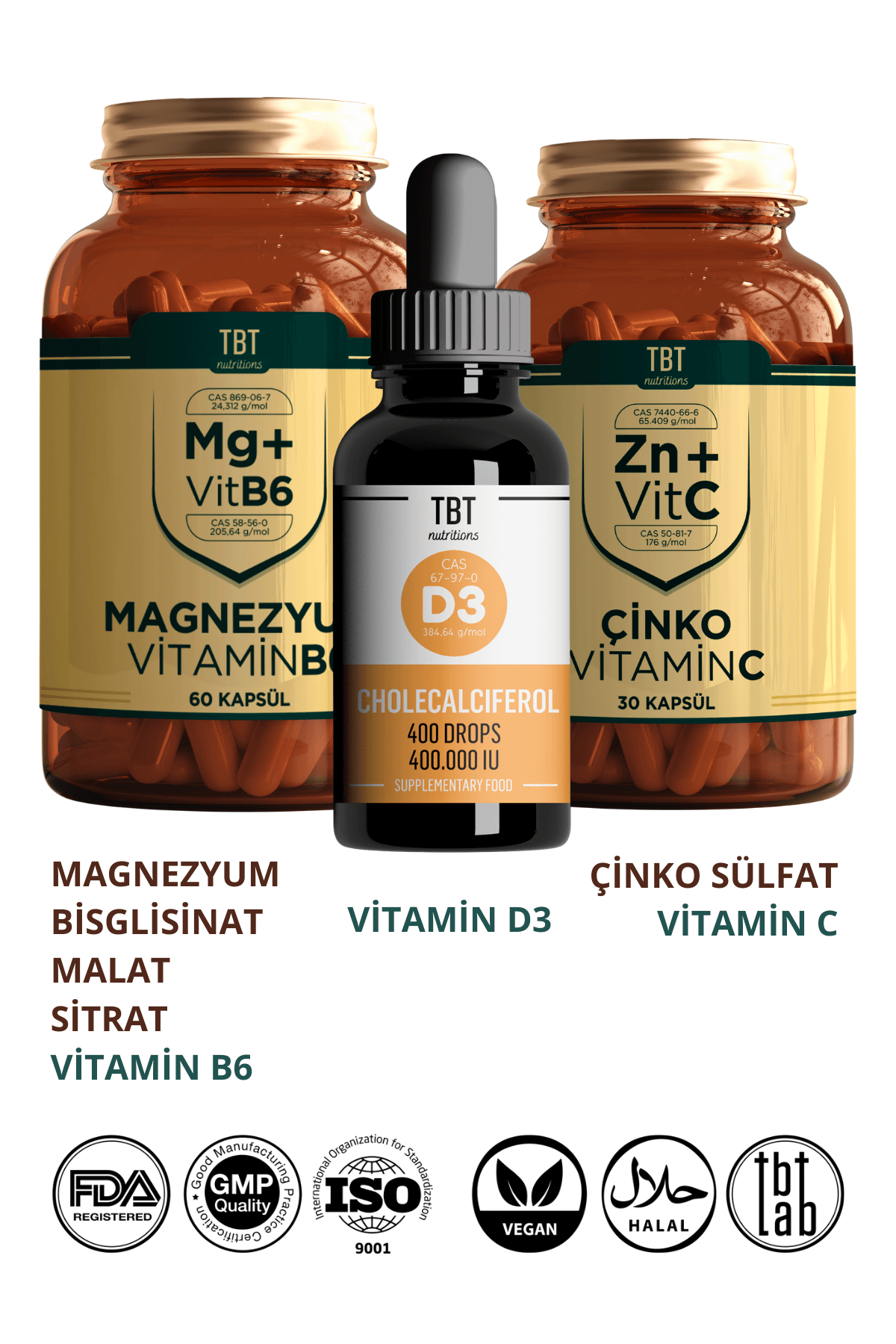 Magnezyum Bisglisinat/malat/sitrat + Vitamin B6 - Çinko + Vitamin C - Vitamin D3 Kolekalsiferol