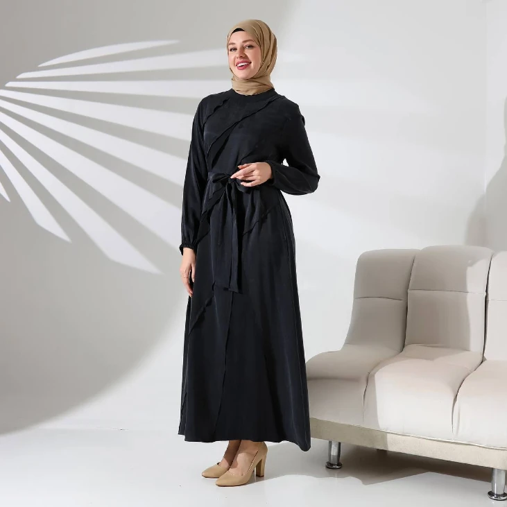 Asimetrik kesim düz desen ipek kupra elbise