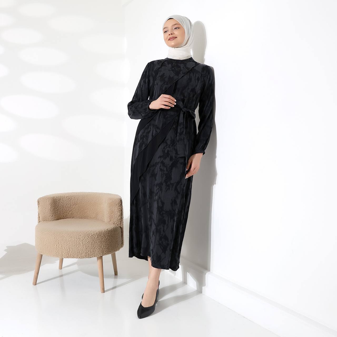 5402 desenli ipek kupra elbise