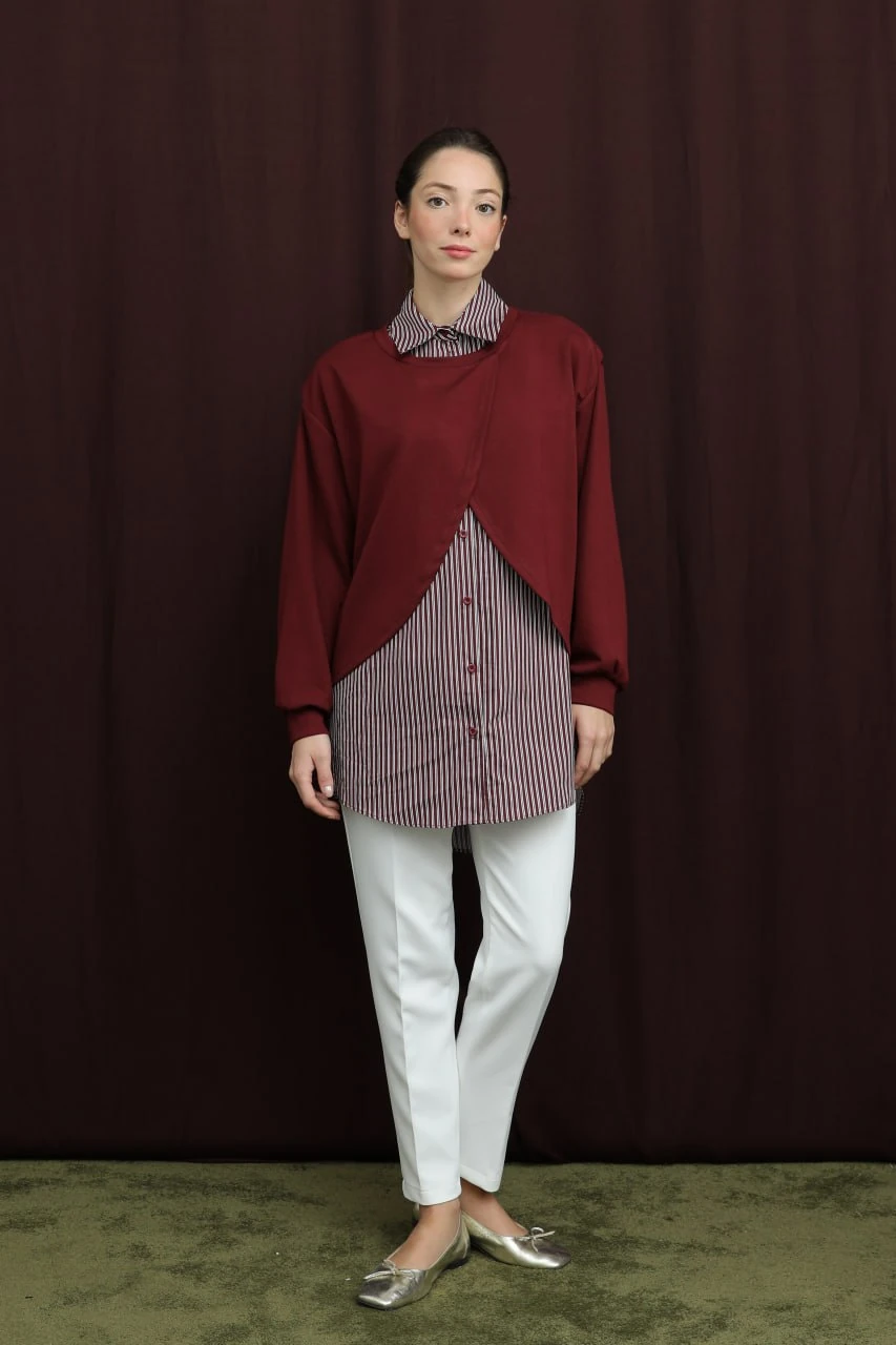 çizgili tunik - bordo