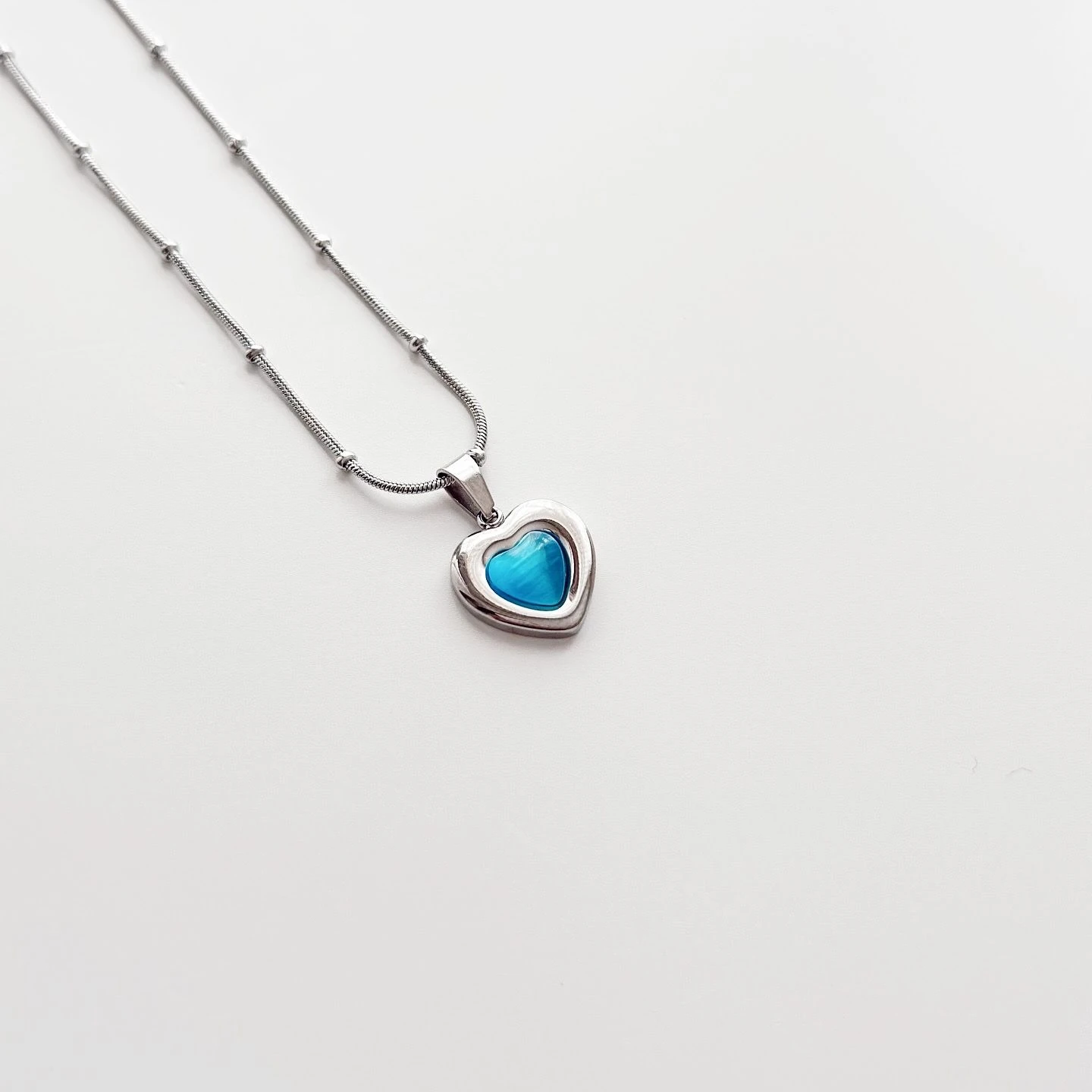 Blue Heart Grey Steel Necklace | Çelik Kolye