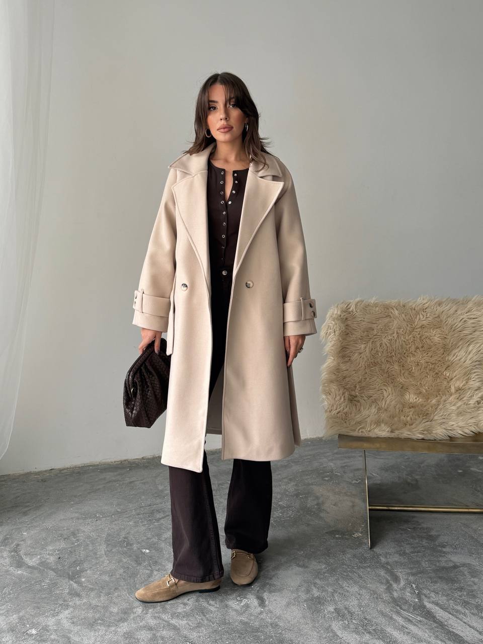 Kruvaze Yaka Kuşak Detaylı Kaşe Kaban - bej