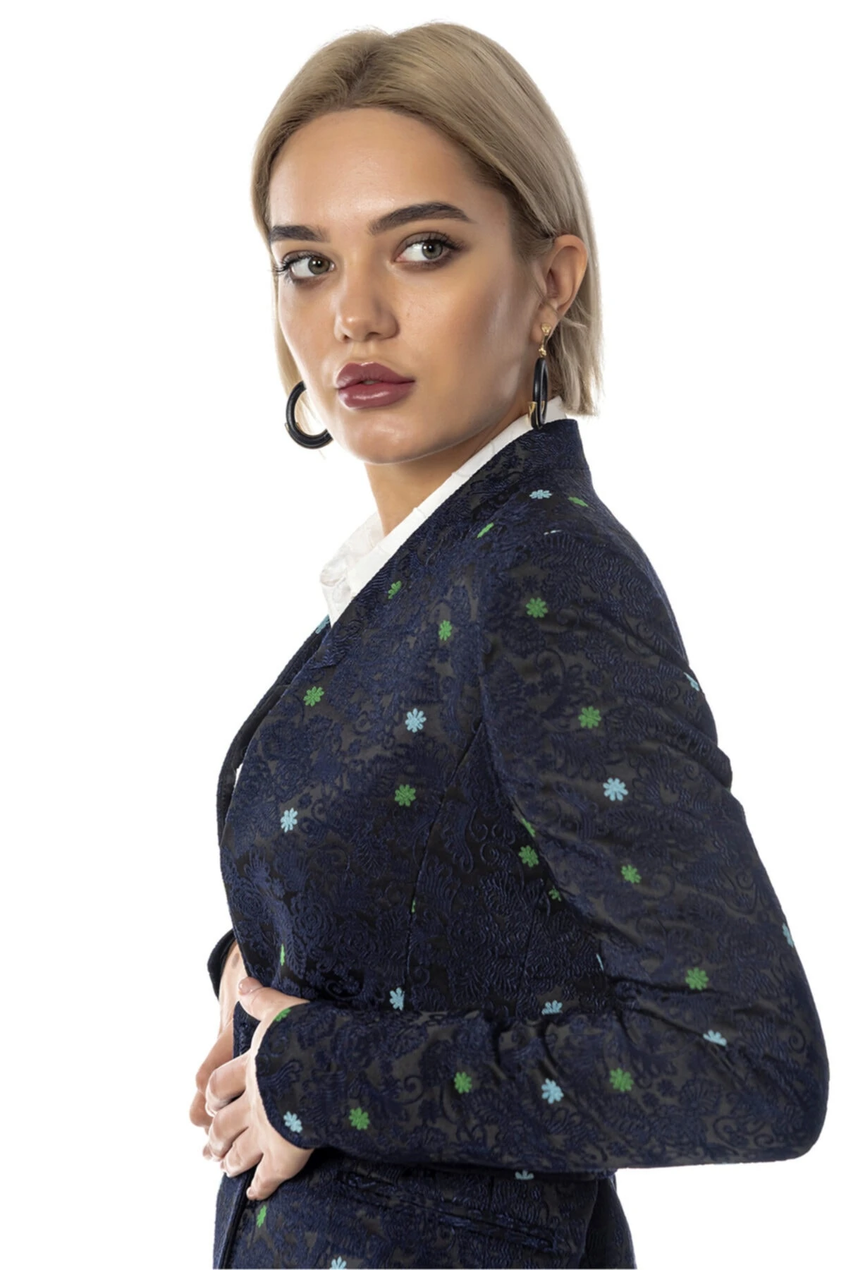 Renkli Desenli Kemerli Lacivert Kadın Ceket