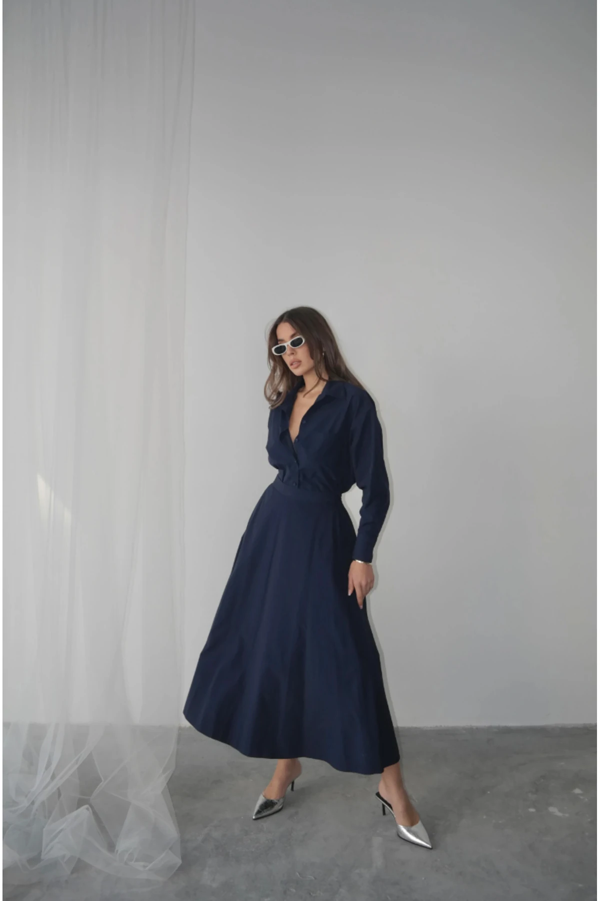 Poplin Kloş Etek ve Oversize Gömlek Lacivert