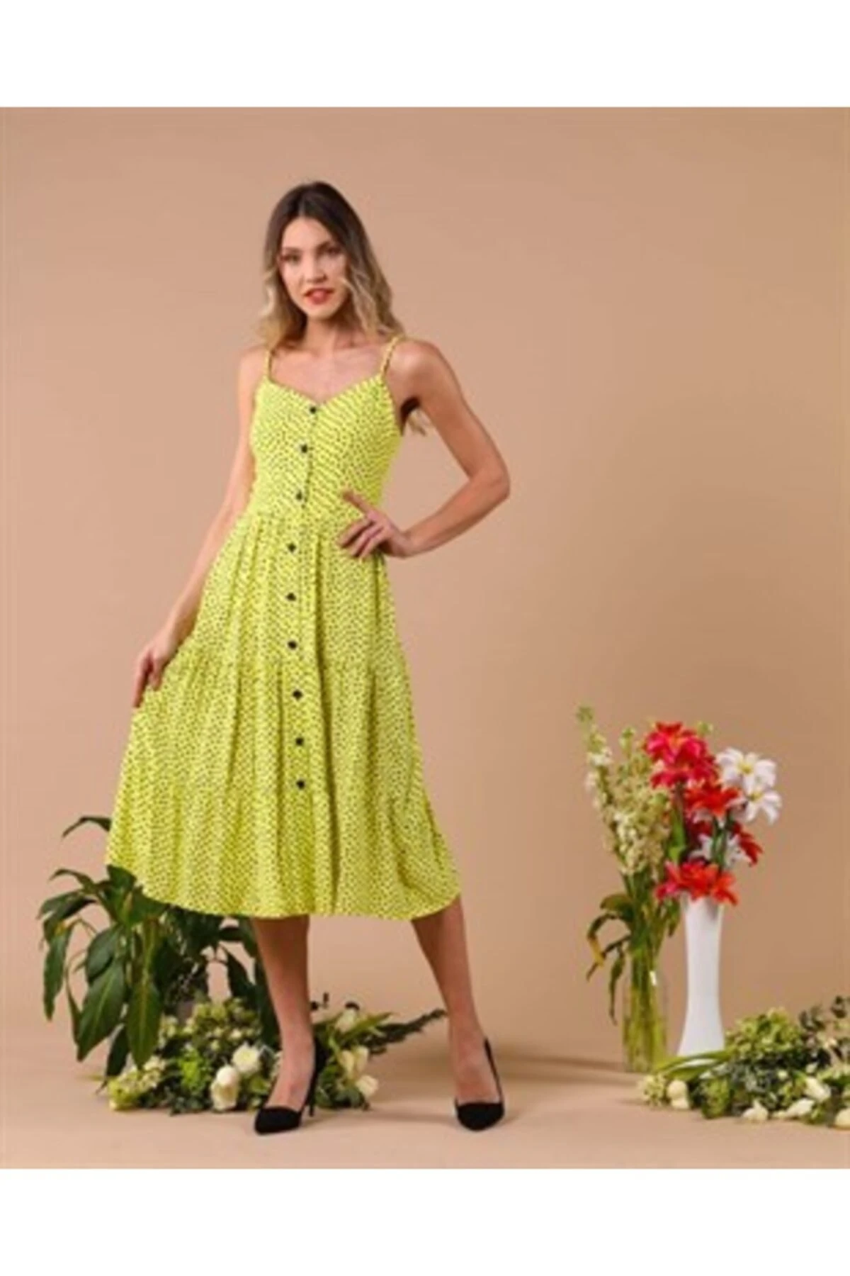 Puantiyeli Sarı Midi Boy Askılı Gömlek Elbise