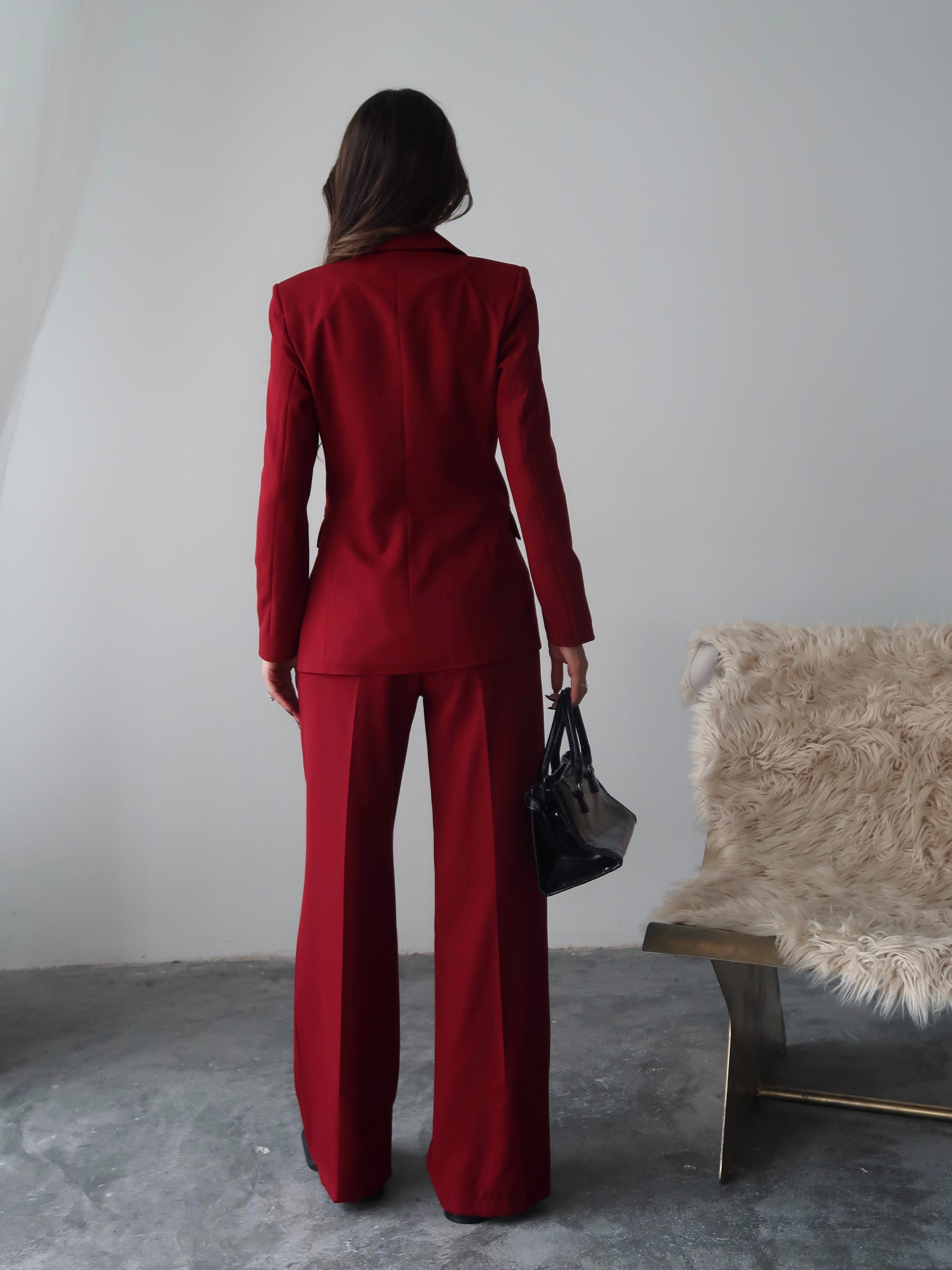 Bordo Düz Paça Klasik Blazer Ceket ve Kumaş Pantolon Takım