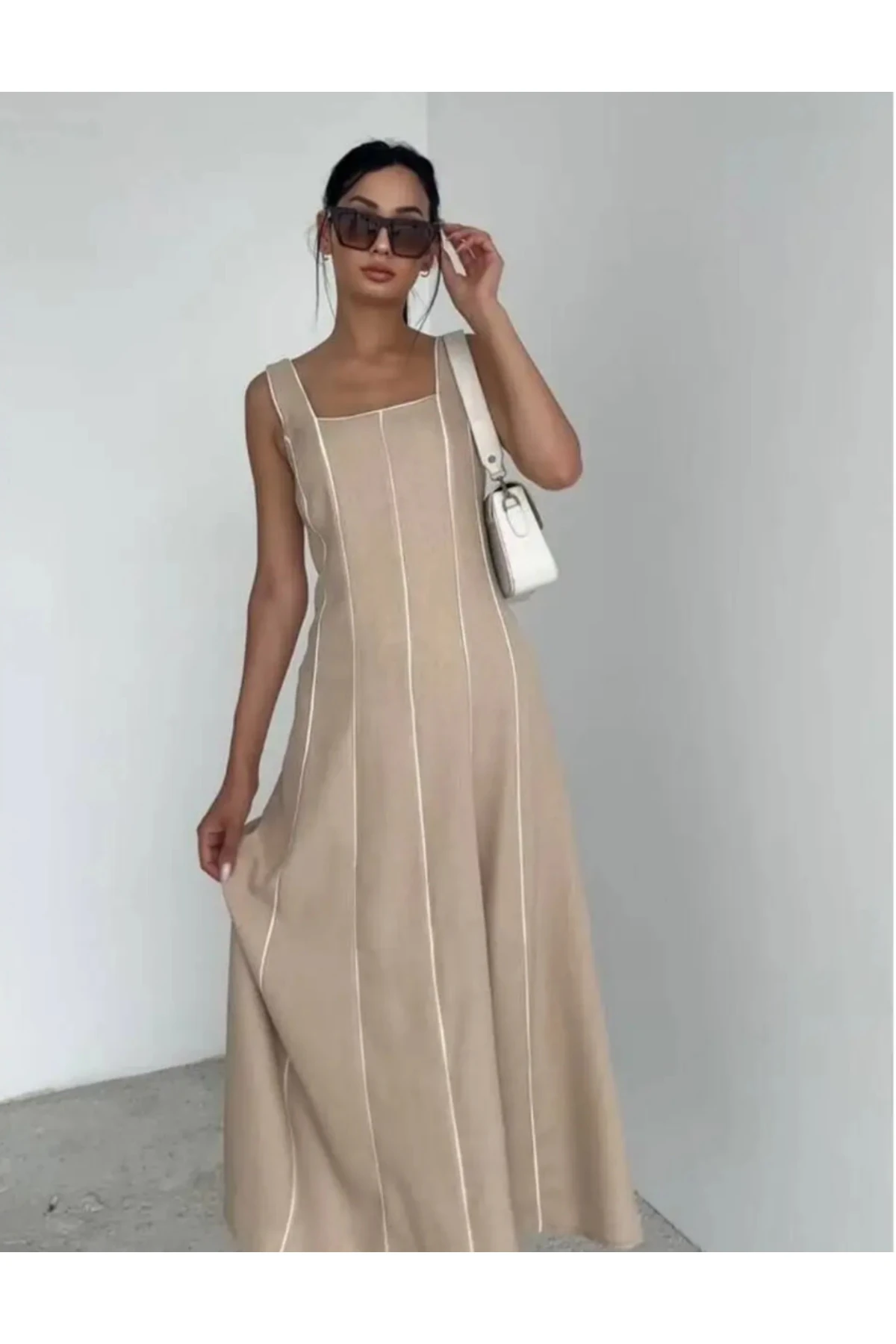 Kadın Biye Detaylı Astarlı Keten Elbise