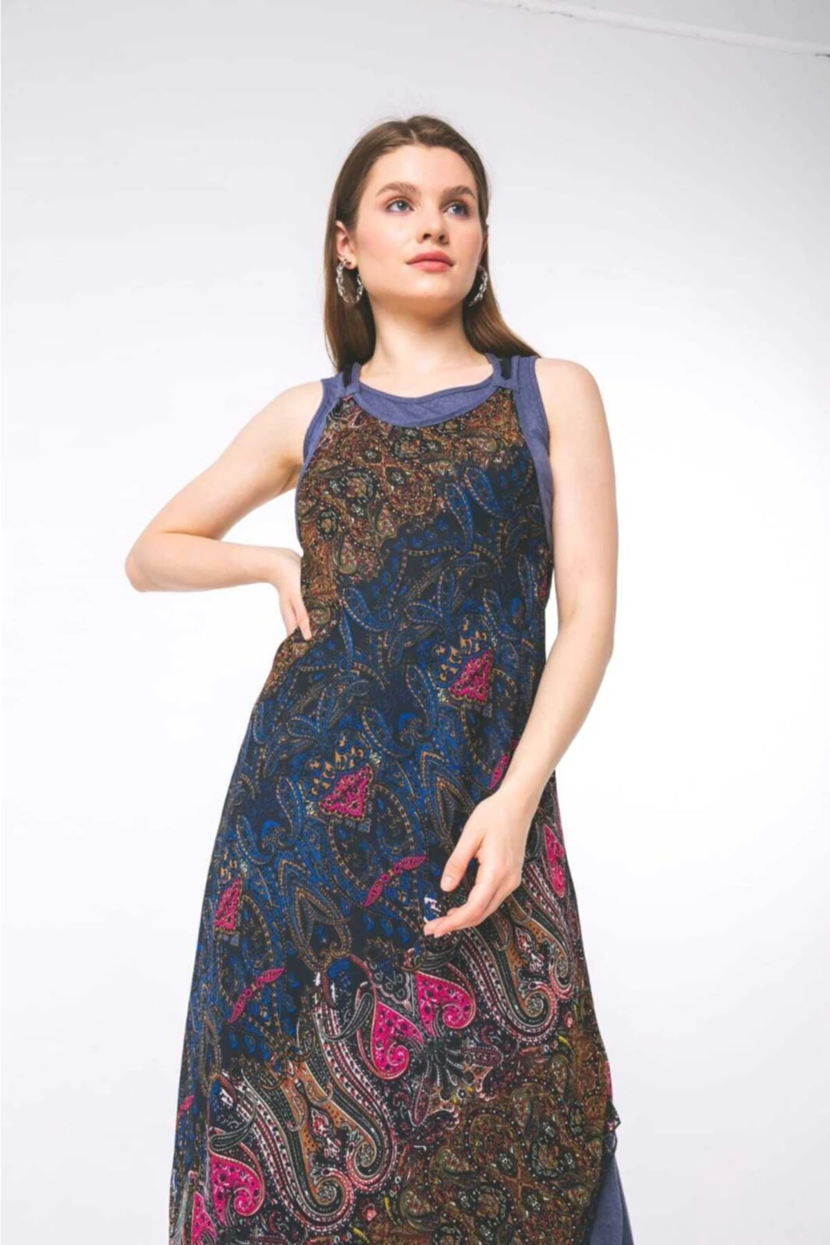 Etnik Desenli Ikili Asimetrik Elbise