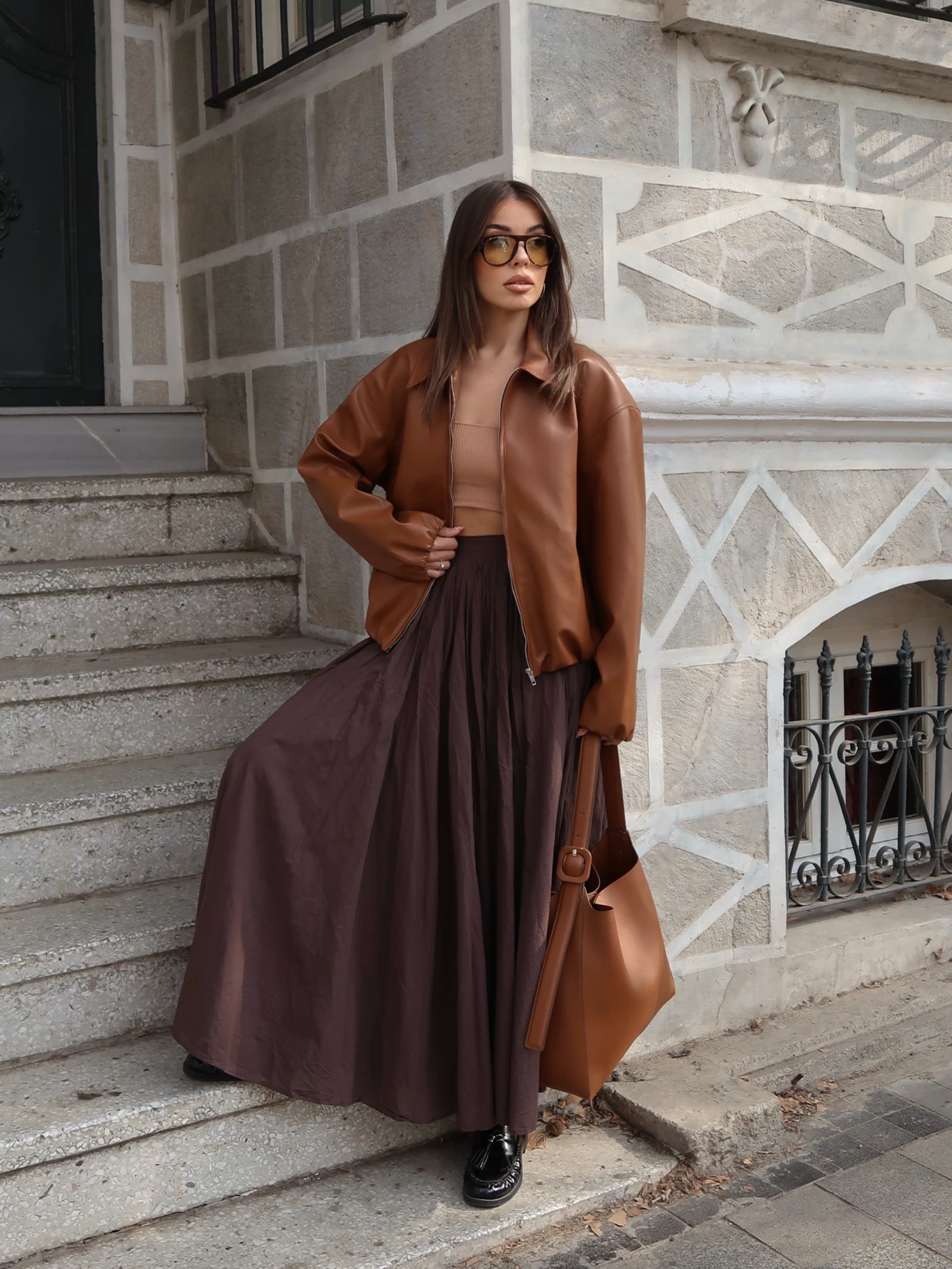 Betty Deri Fermuarlı Ceket Kahverengi