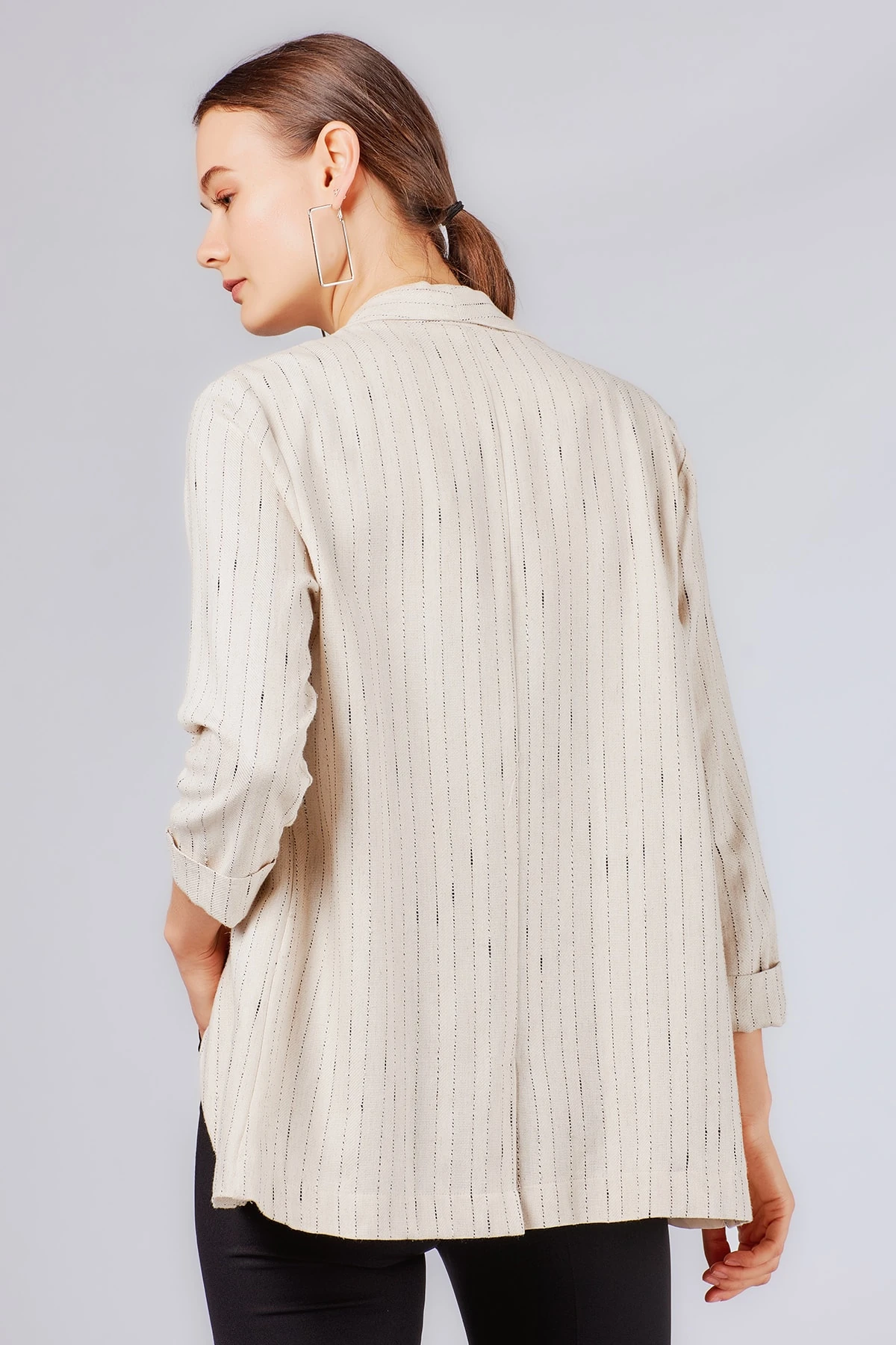 Çizgili Bej Kadın Blazer Ceket