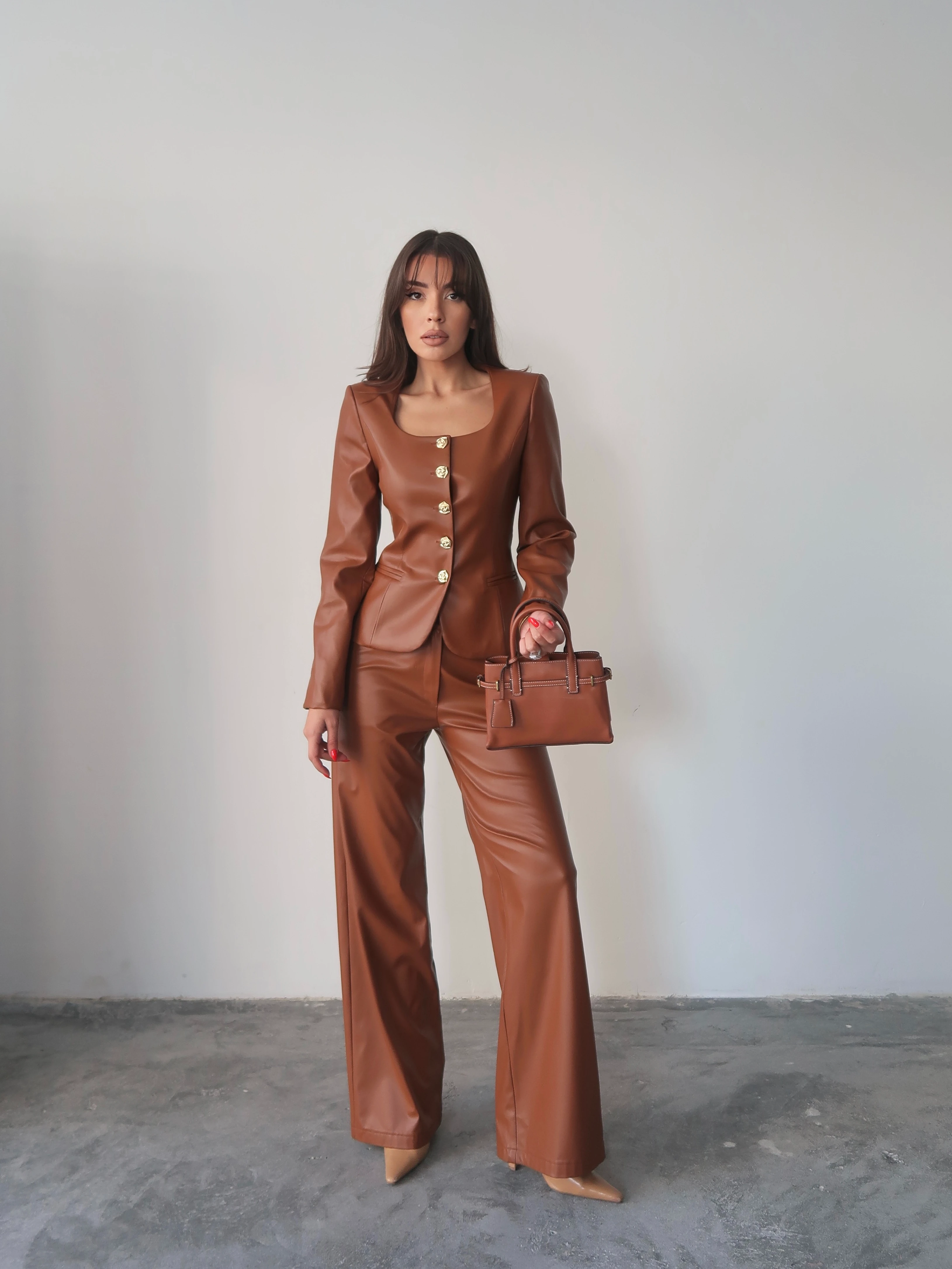 Jane Button Leather Tailored Suit Kahverengi