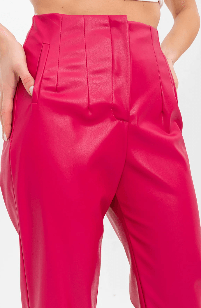 Suni Deri Pensli Yüksek Bel Pantolon Pembe