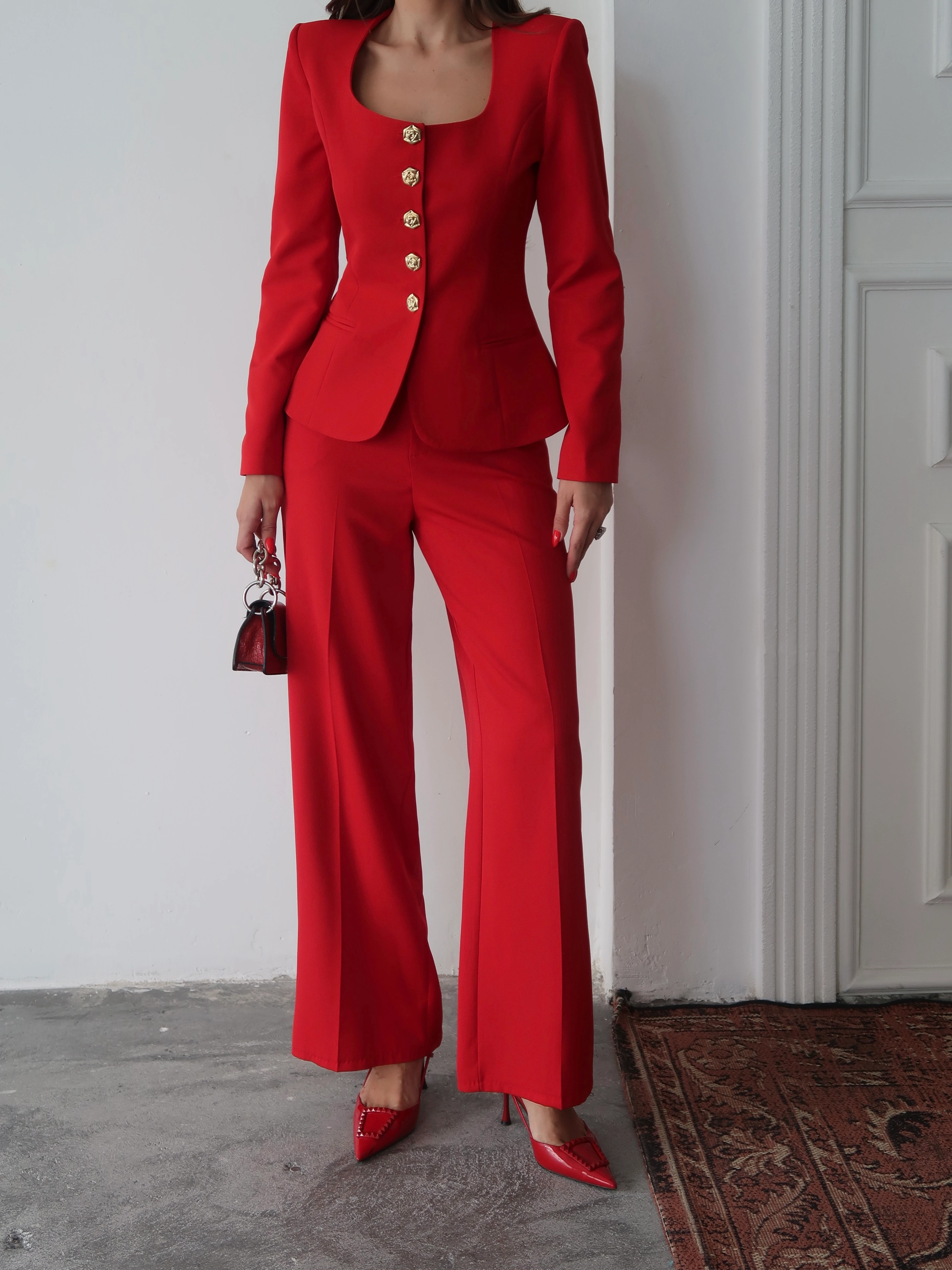 Jane Button Tailored Suit Kırmızı
