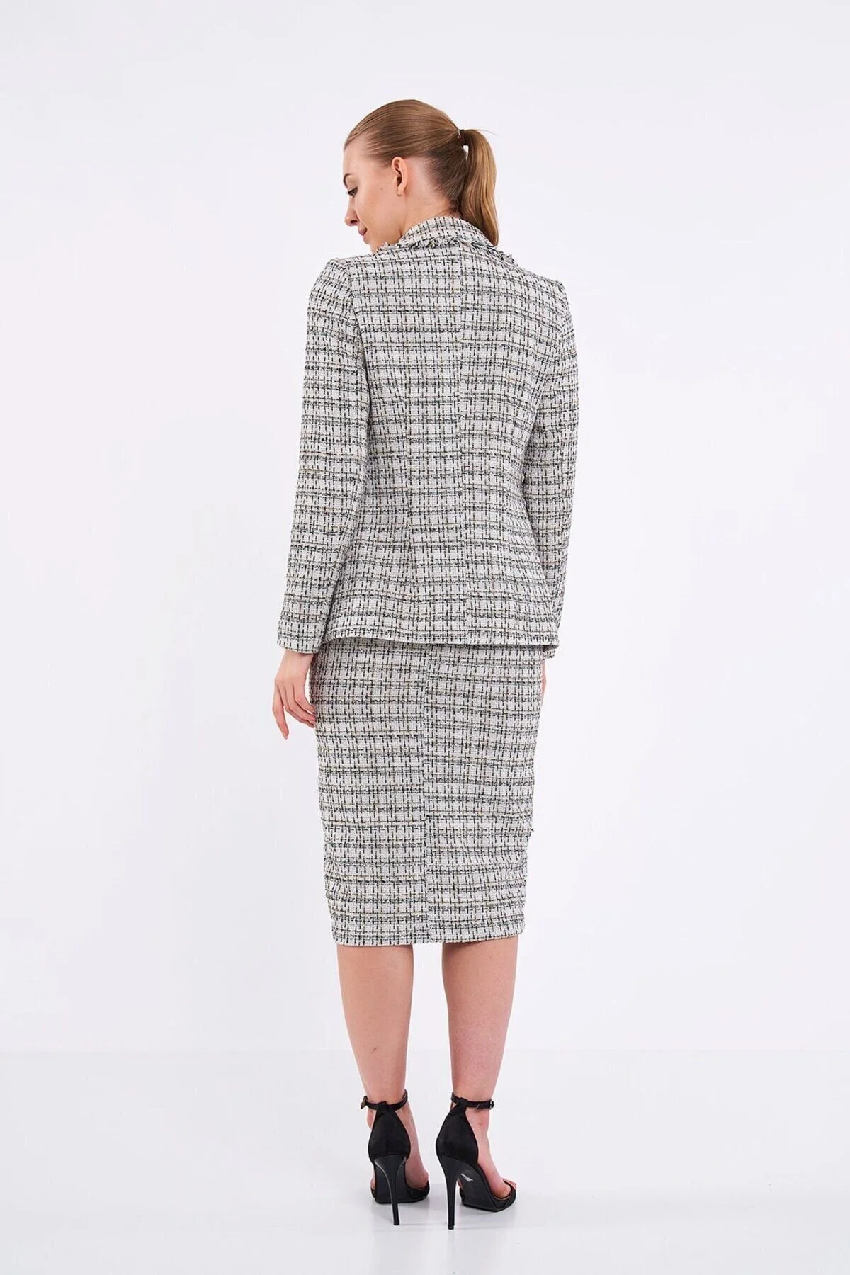 Ekose Simli Ekru Blazer Ceket