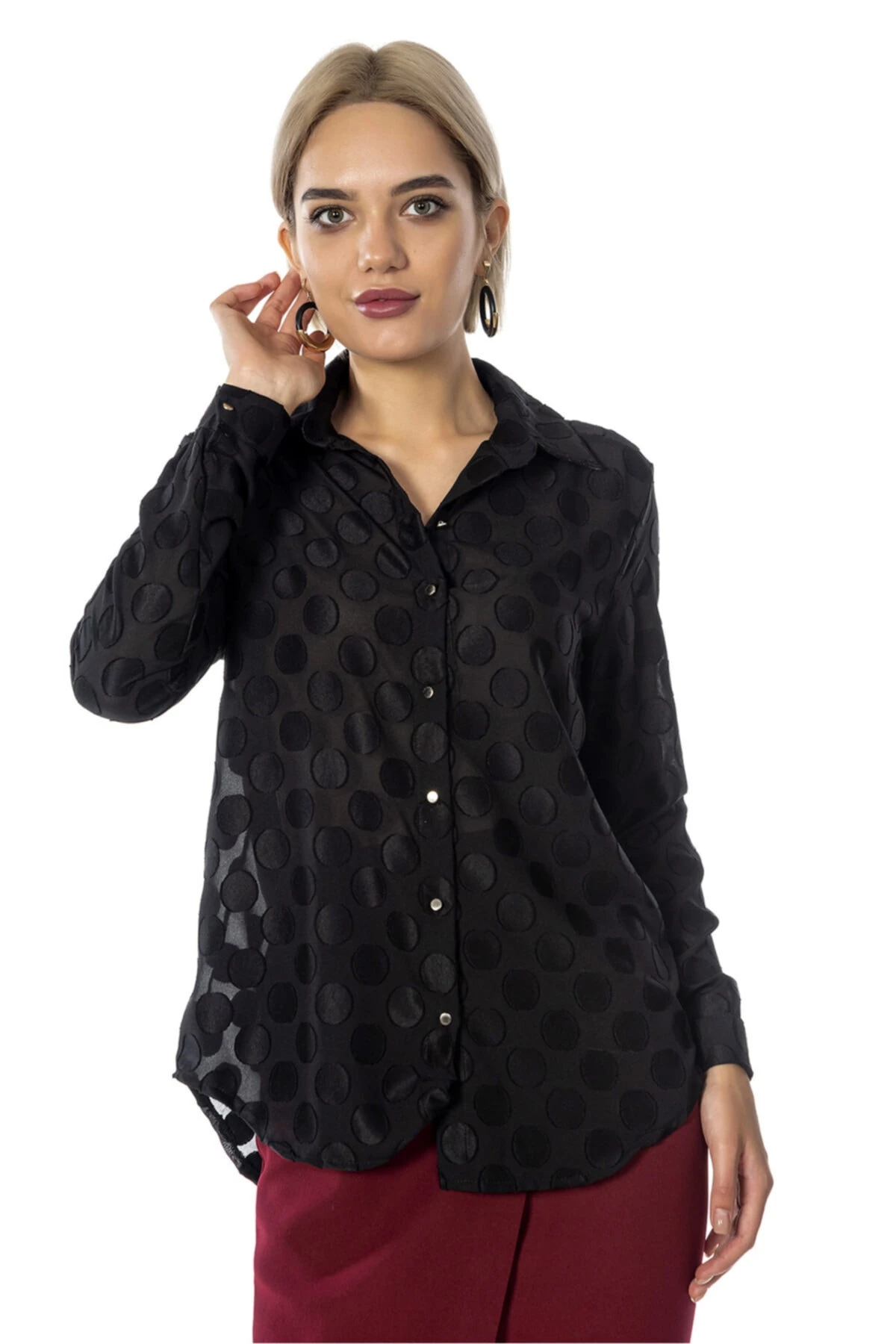 Kadın Siyah Puantiyeli Gömlek