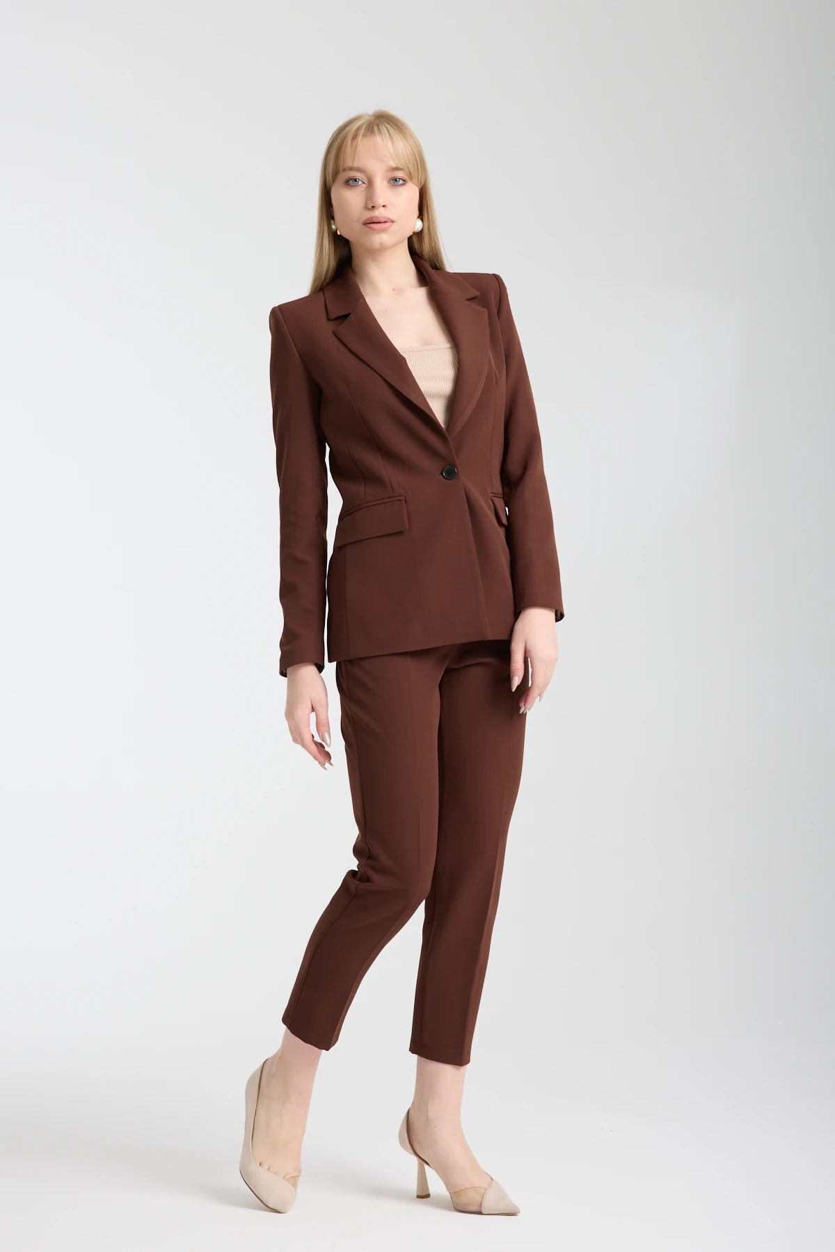 Yüksek Bel Sahte Cepli Kahverengi Pantolon