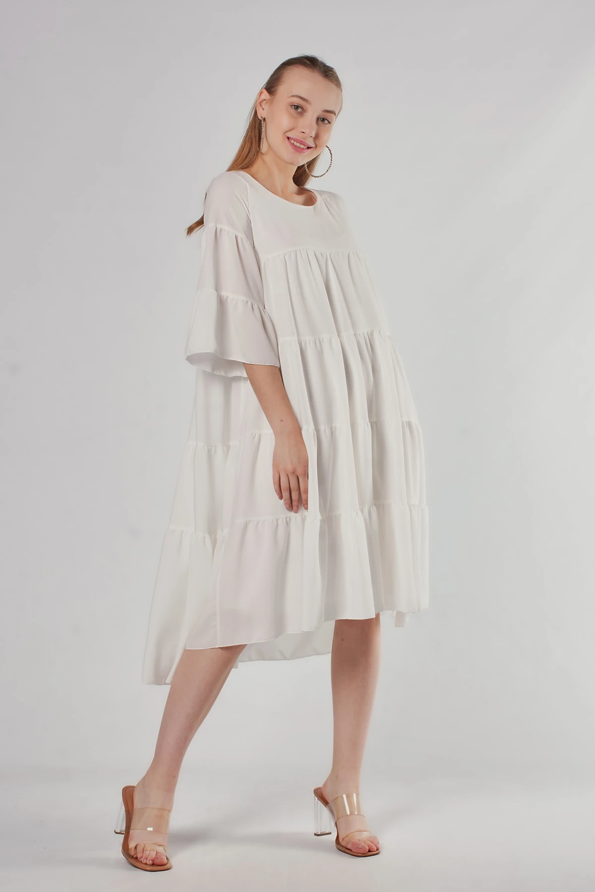 Beyaz Midi Boy Asimetrik Elbise