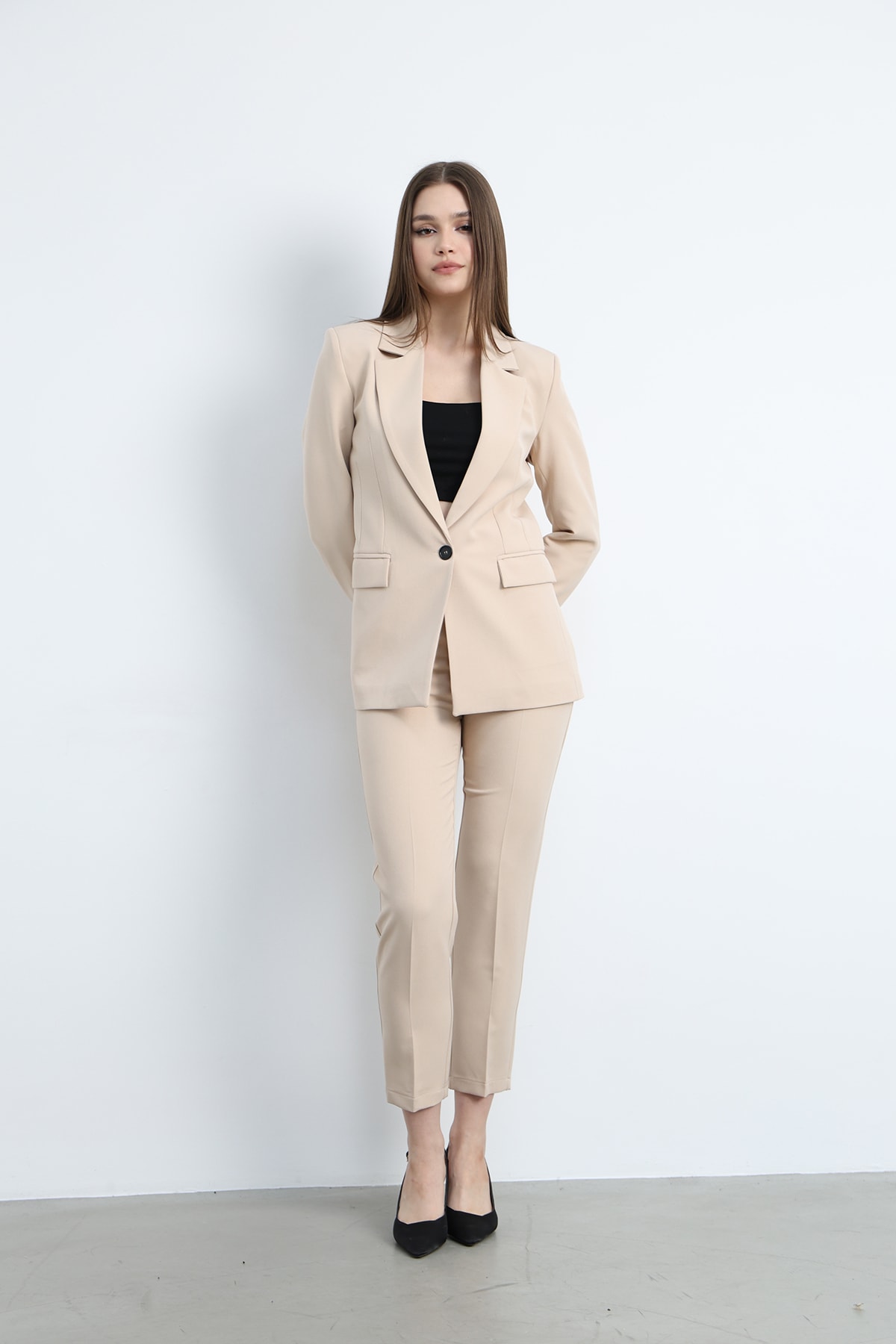Düğme Detaylı Ceket Pantolon Takım Bej