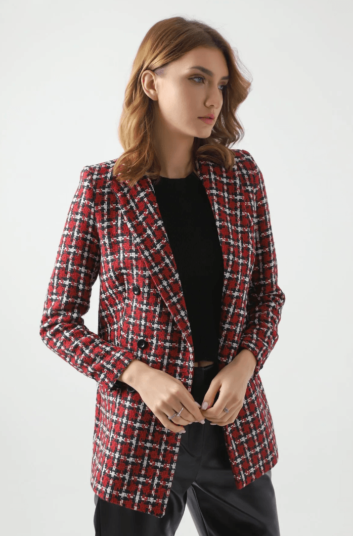 Aria Düğmeli Blazer Ceket  Ekose Kırmızı