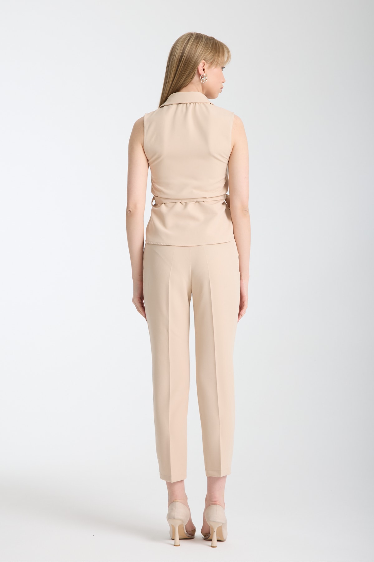 D Toka Detaylı Yelek Pantolon Takım Bej