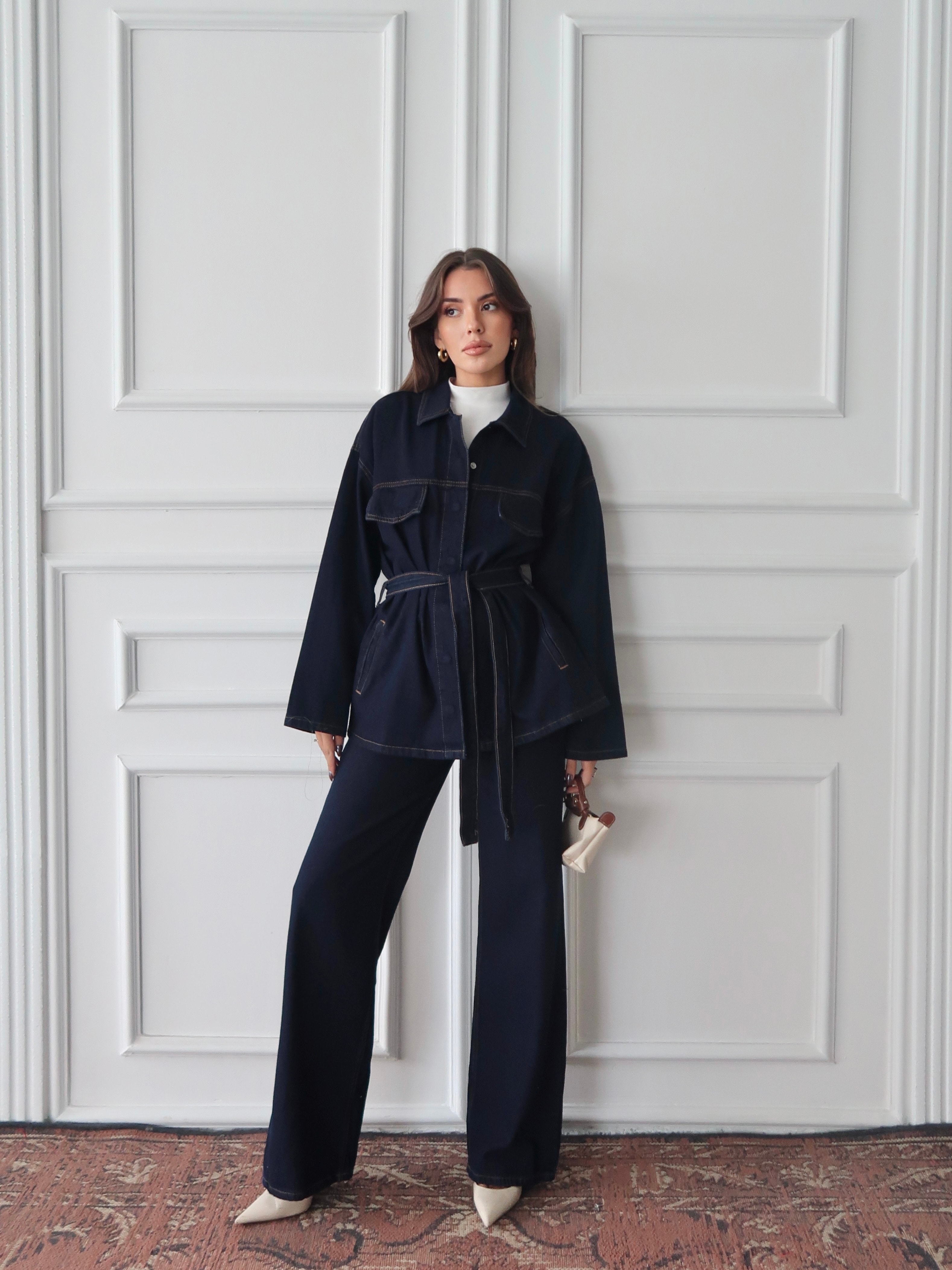 Lacivert Kemerli Geniş Paça Denim Takım