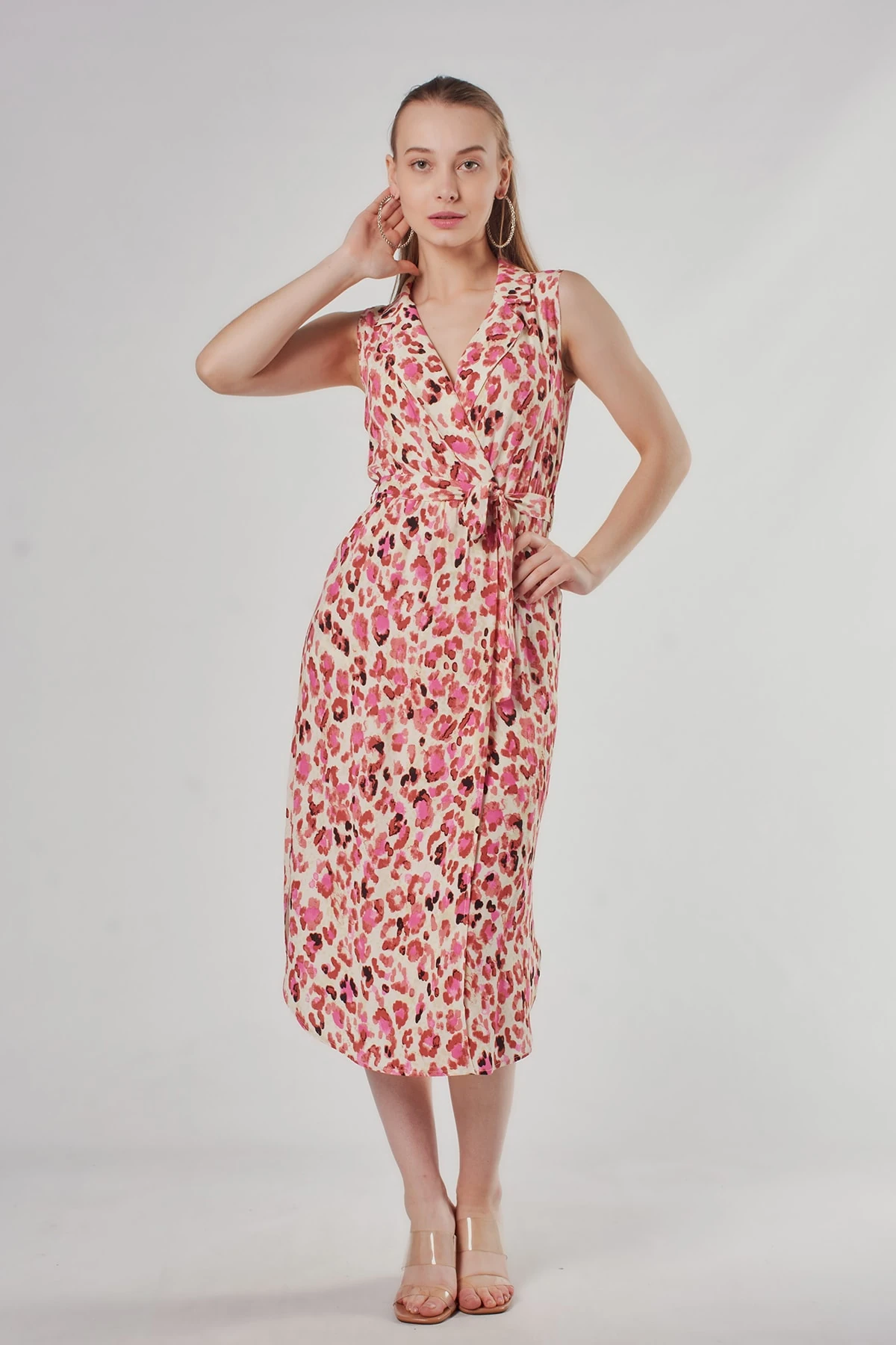 Kruvaze Yaka Pembe Leopar Desenli Anvelop Elbise