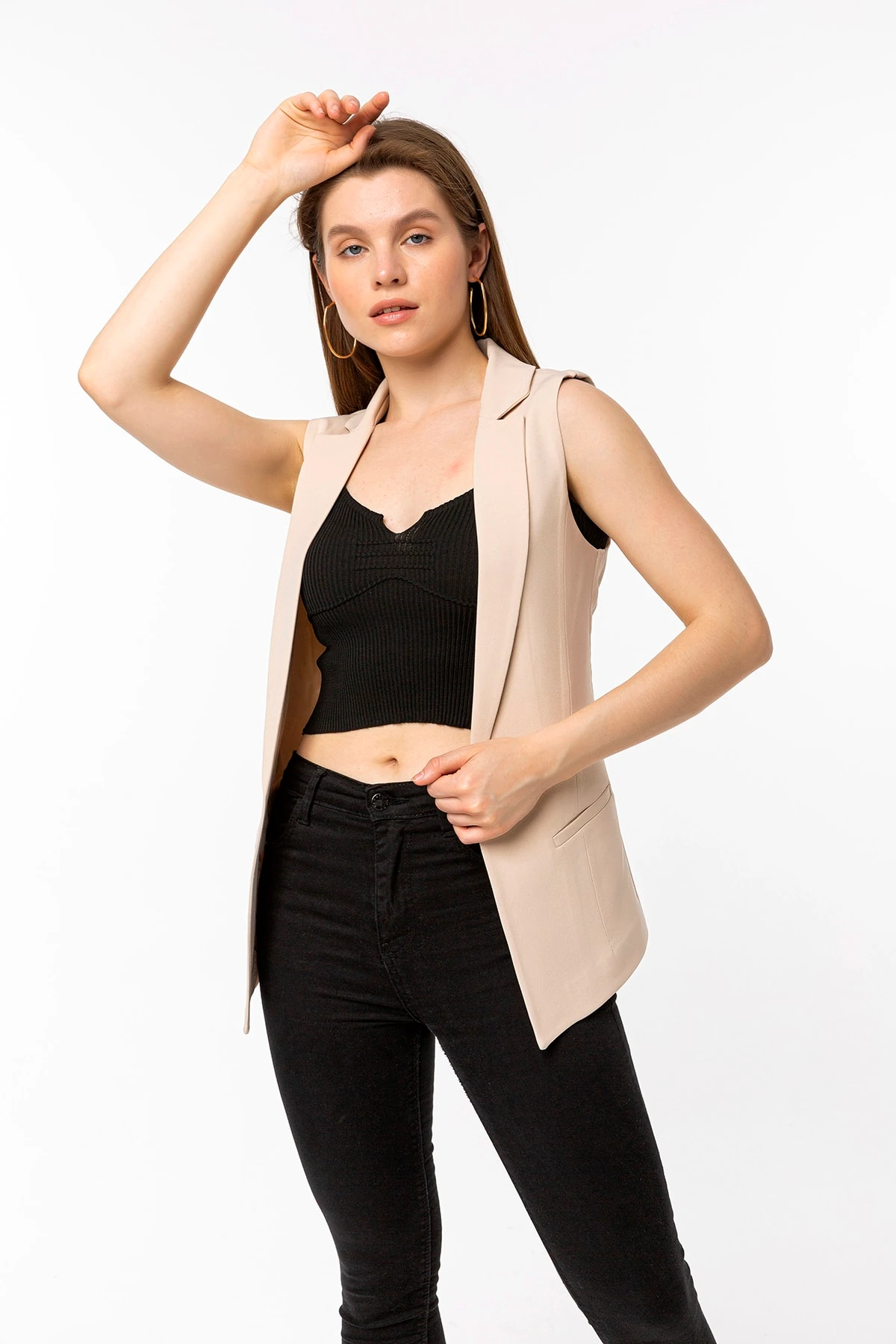 Bej Şifon Detaylı Blazer Kadın Yelek