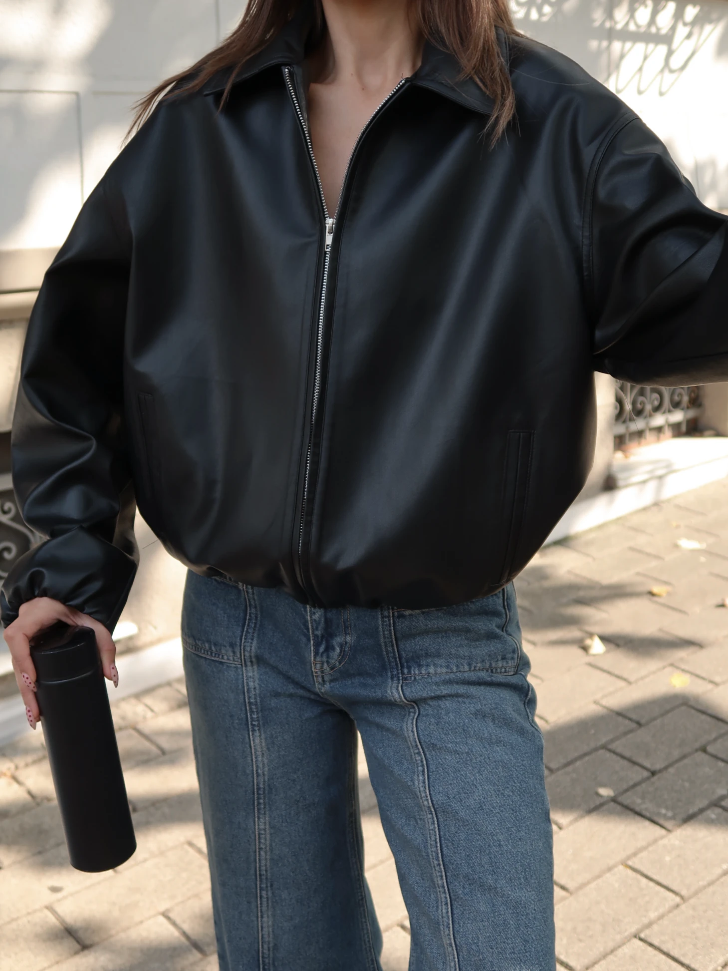 Betty Deri Fermuarlı Ceket Siyah