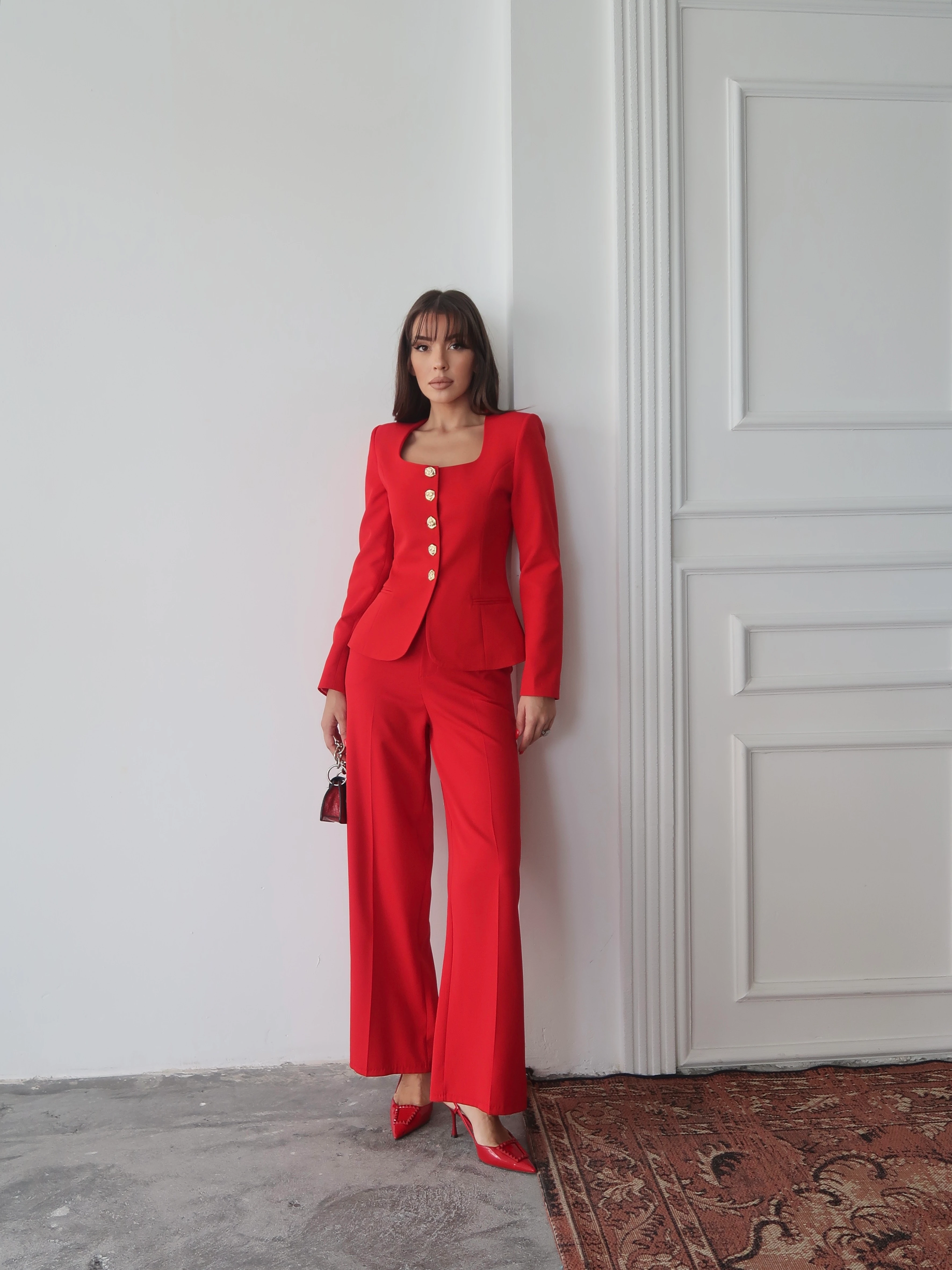 Jane Button Tailored Suit Kırmızı