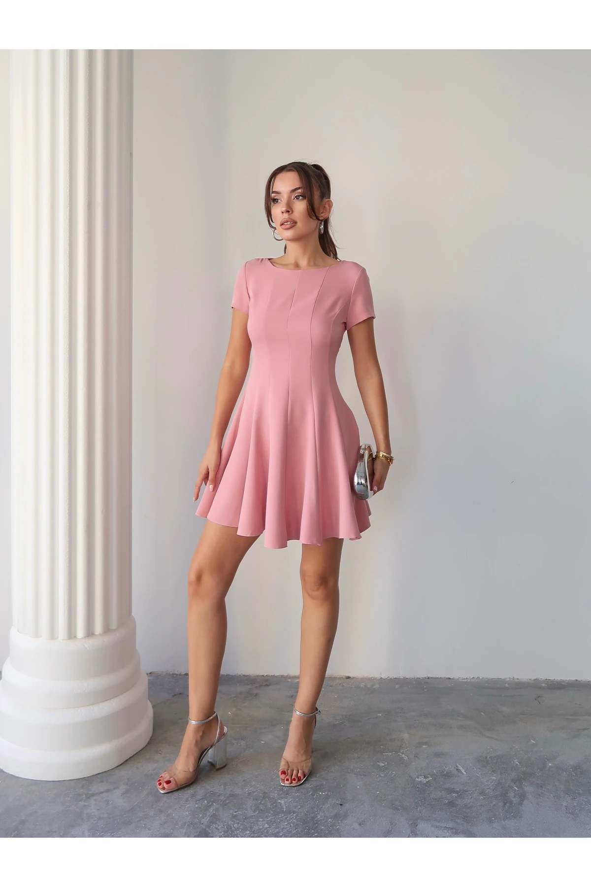 Yarım Kol Volanlı Elbise - pembe