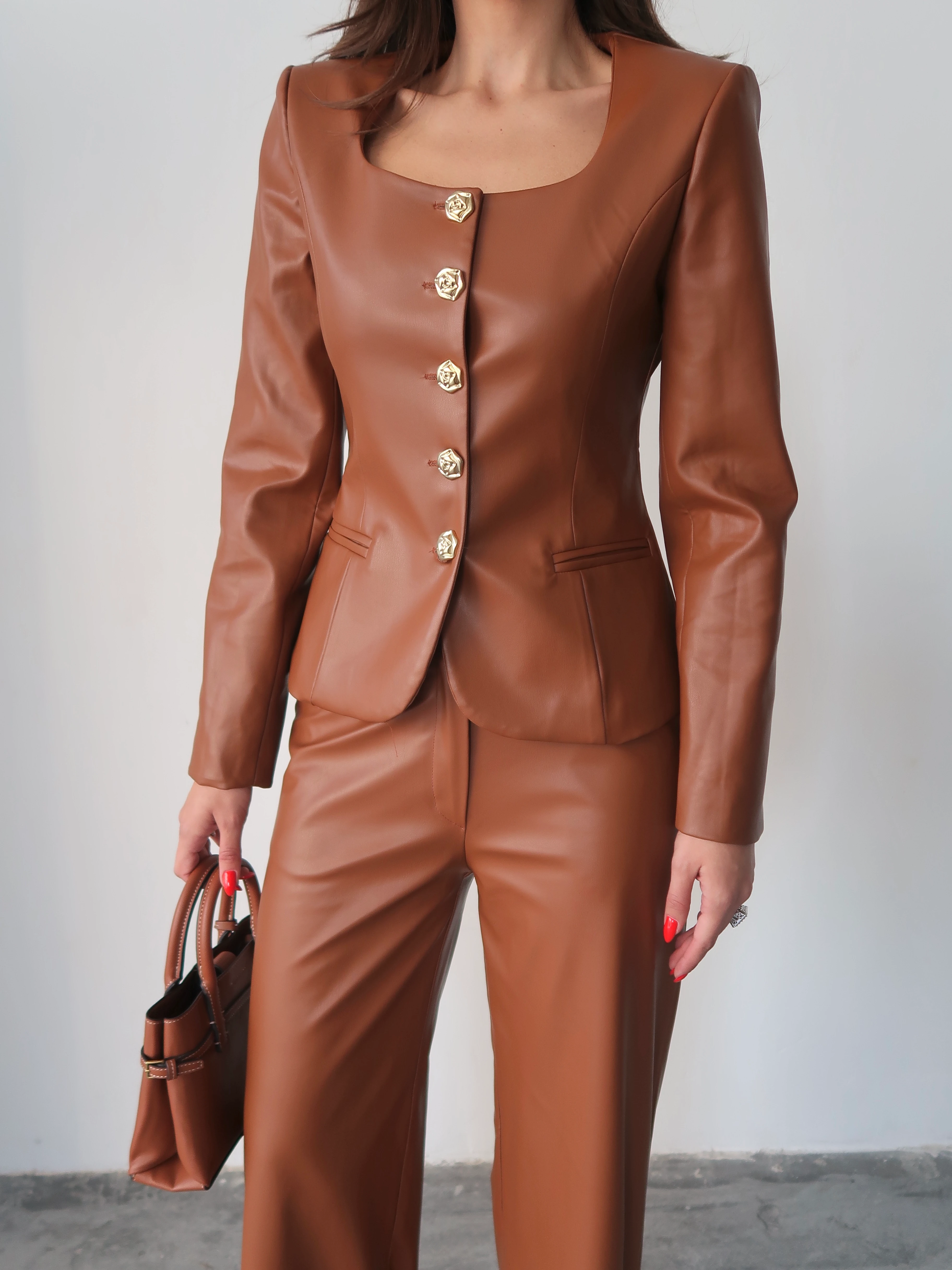 Jane Button Leather Tailored Suit Kahverengi