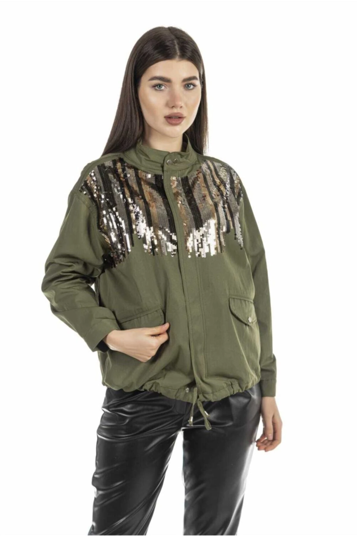 Kadın Haki Payetli Yağmurluk