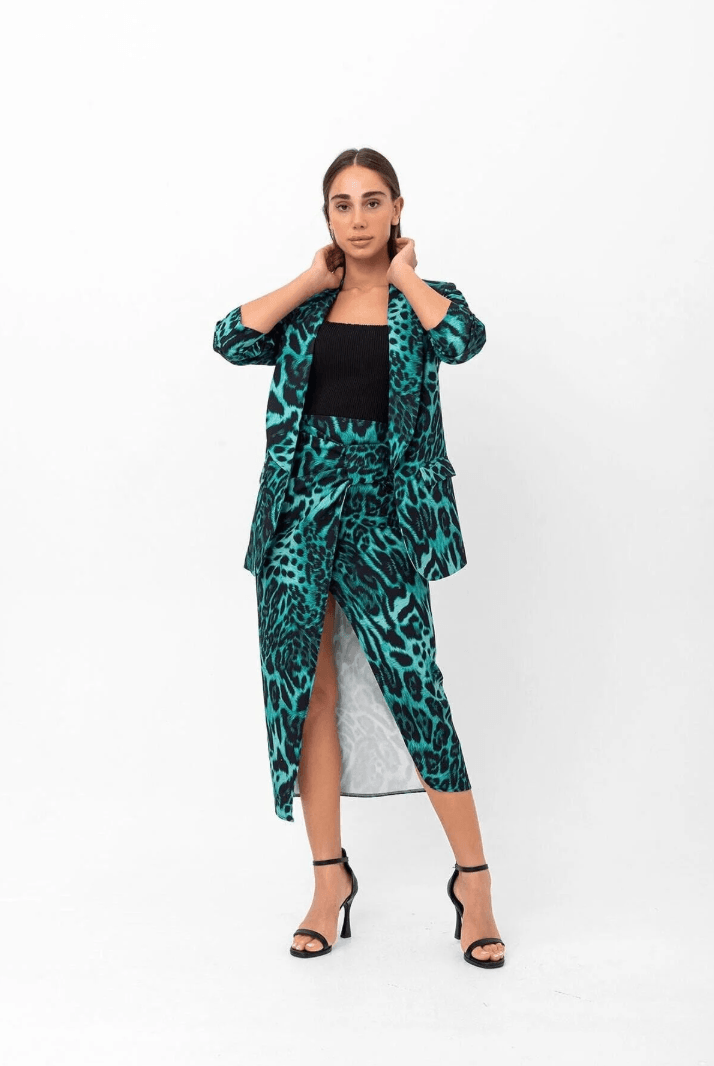 Mia Kolu Büzgülü Desenli Blazer Ceket Yeşil Leopar