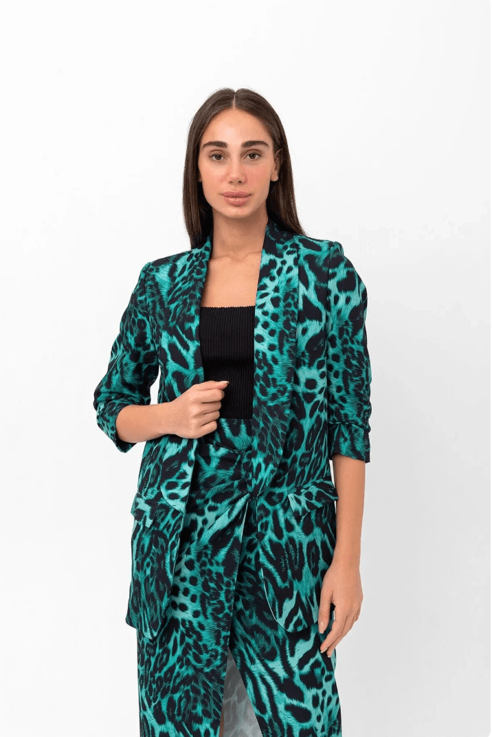 Mia Kolu Büzgülü Desenli Blazer Ceket Yeşil Leopar