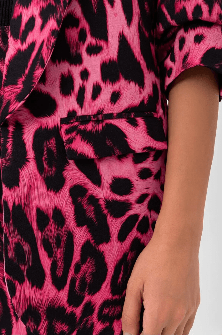 Mia Kolu Büzgülü Desenli Blazer Ceket Pembe Leopar