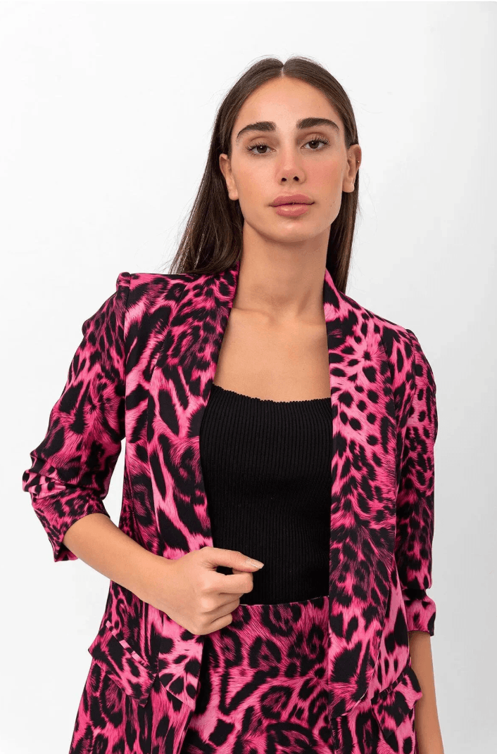 Mia Kolu Büzgülü Desenli Blazer Ceket Pembe Leopar