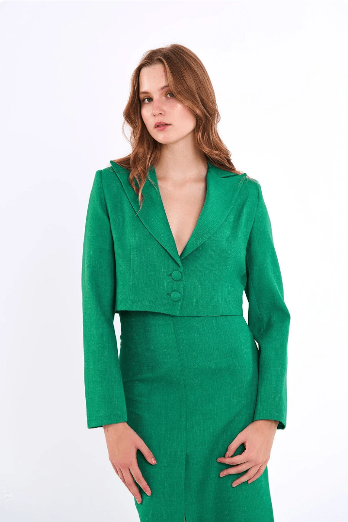 Keten Kısa Blazer Ceket Yeşil