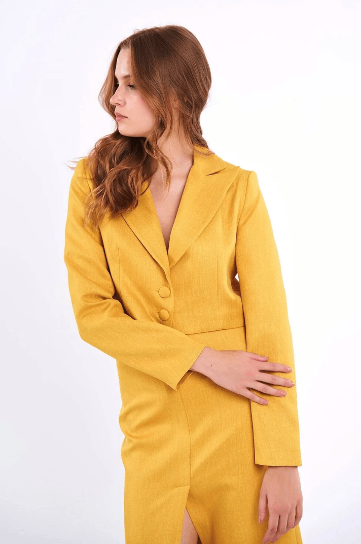 Keten Kısa Blazer Ceket Sarı