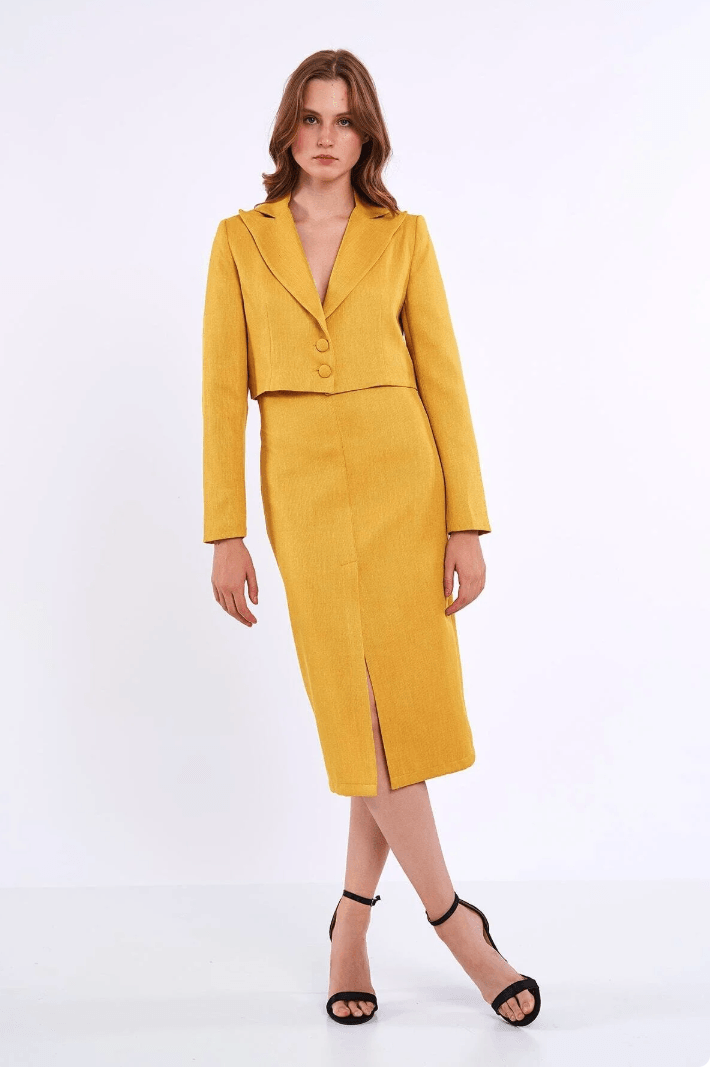 Keten Kısa Blazer Ceket Sarı